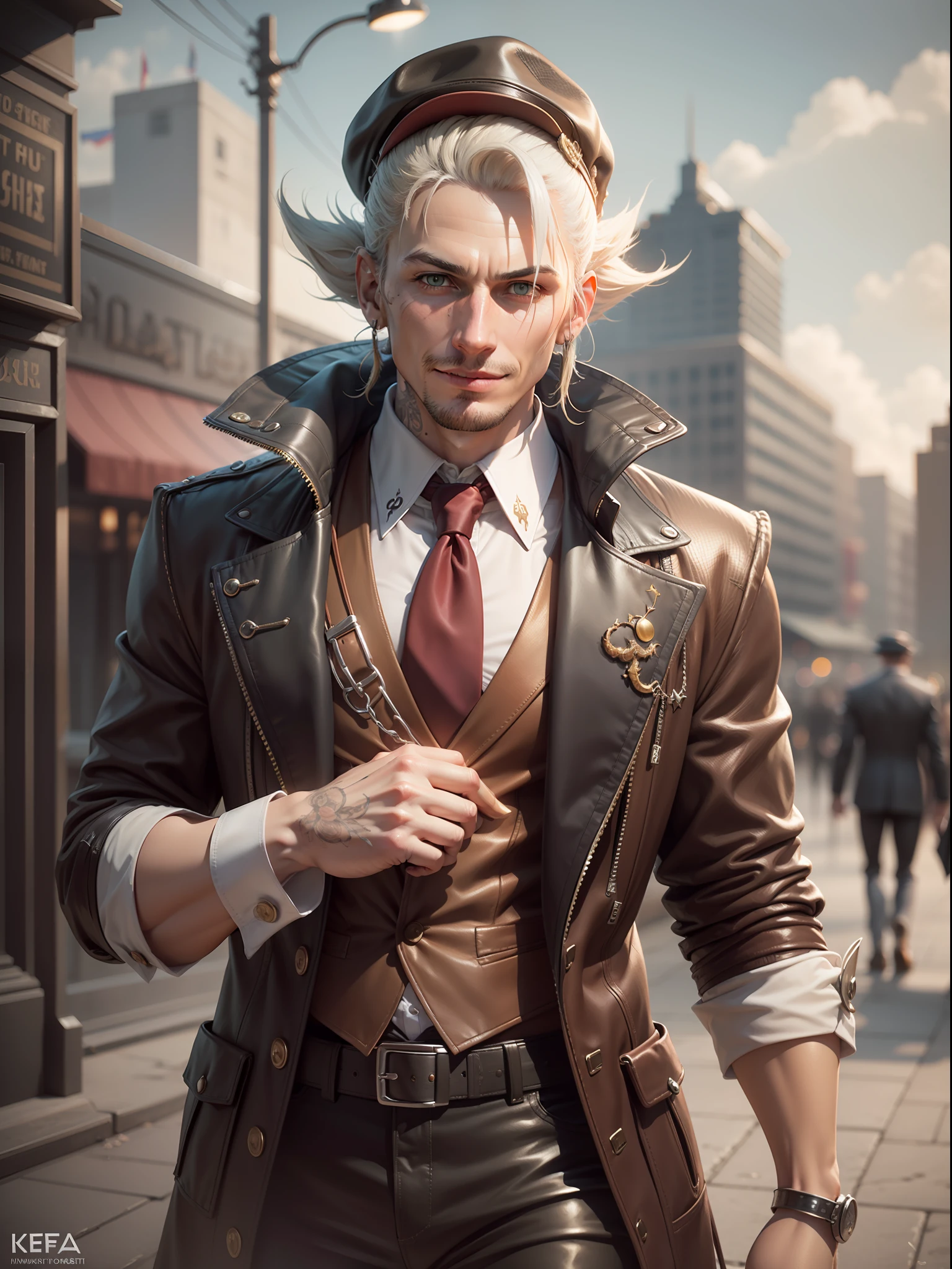 Create a realistic character Kefka Palazzo from ff6, mafia gangster in Unreal Engine. Pay close attention to detail based on Kefka's image. Harness the power of Unreal Engine, Reveal the character's outfit, including a mafia costume, a gangster hat and Kefka's cunning smile , and intricate textures for a realistic look. Be sure to focus on realistic proportions, textures, and lighting to enhance the sense of realism.