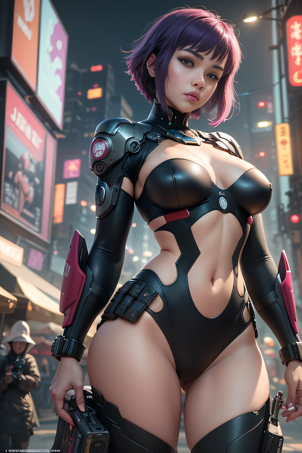 (Motoko Kusanagi as Jessica Alba.Sporty woman with short purple hair. She is wearing a (Big)) Futuristic sand-colored Japanese military jacket made of dense material. Black leggings and military boots) (A shot in a movie ((Ghost in the Shell)) If it was filmed by director James Cameron in 1996 )) ((Casual clothing and image details correspond to the original comics.)) a 3D render, rendering by octane, intricately details, Cinematic, Background farmers market style James Cameron, trending on artstationh, isometry, Realistic shotgun, Centered hipereallistic cover photo, Awesome full color, handpainted, Dark, grittiness, Mucha, Klimt, erte 12k, High definition, Cinematic, neoprene, behance contest winner, portrait featured on unsplash, Stylized digital art, smooth, hyper HD, 8K, Unreal Engine 5, super sharp focus, masterpiece of intricate artwork, has cleavage