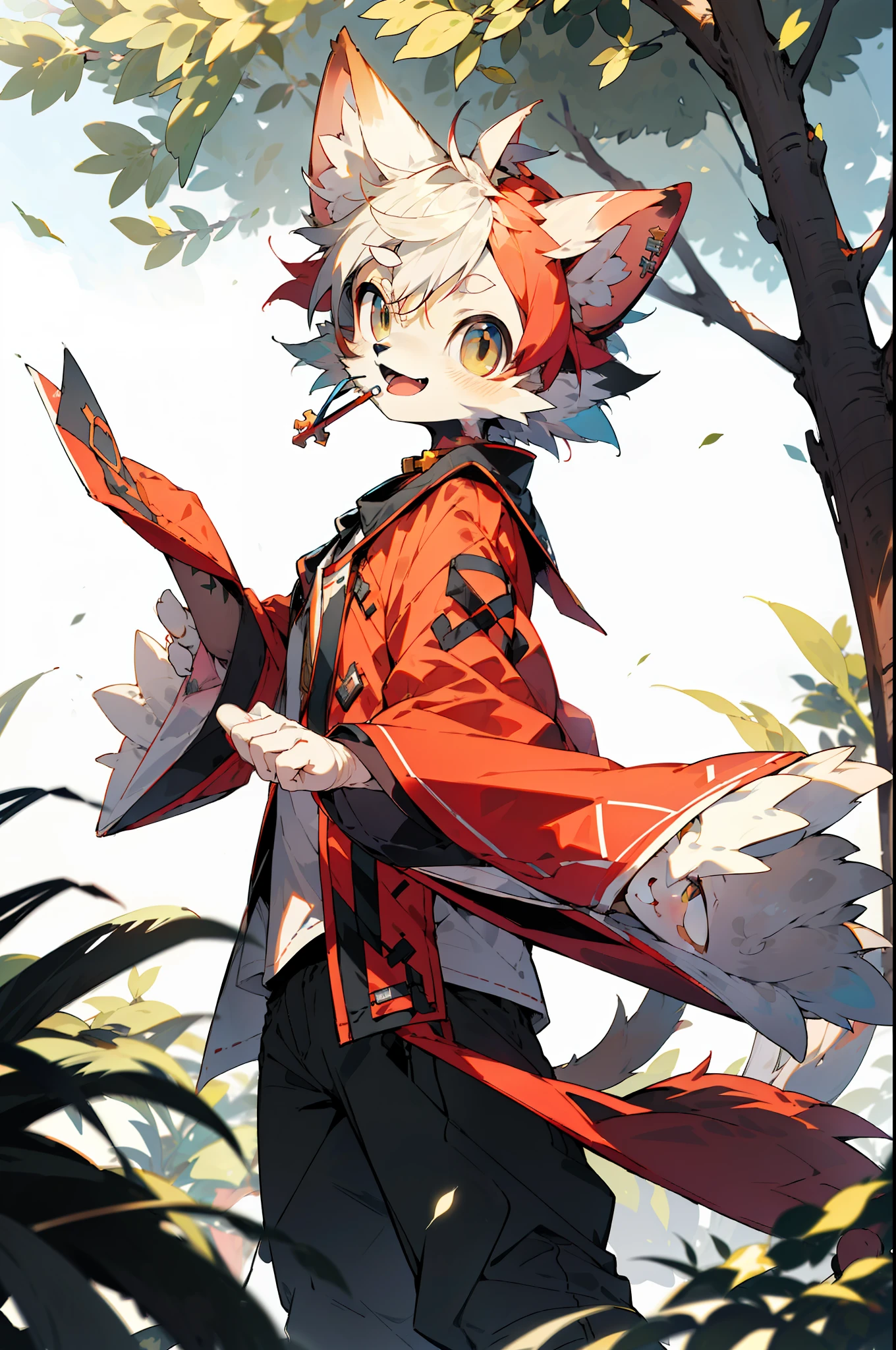 depth of fields,lighting perfect,light particules,(best qualtiy),(tmasterpiece),(ultra - detailed),Sharp focus,light particules,niji,eyesgod,Blushlush,brown_eyes,looking_at_viewer,smile,solo,furry,animal_ear_fluff,open_clothes,Arms back,The upper part of the body,rays of sunshine,The tree,with her mouth open,from below,Arms back,cat ear,Cat tail,in pink,(No hair),(bald-headed),Wide sleeves,shorter pants,choker,耳Nipple Ring,crosses,