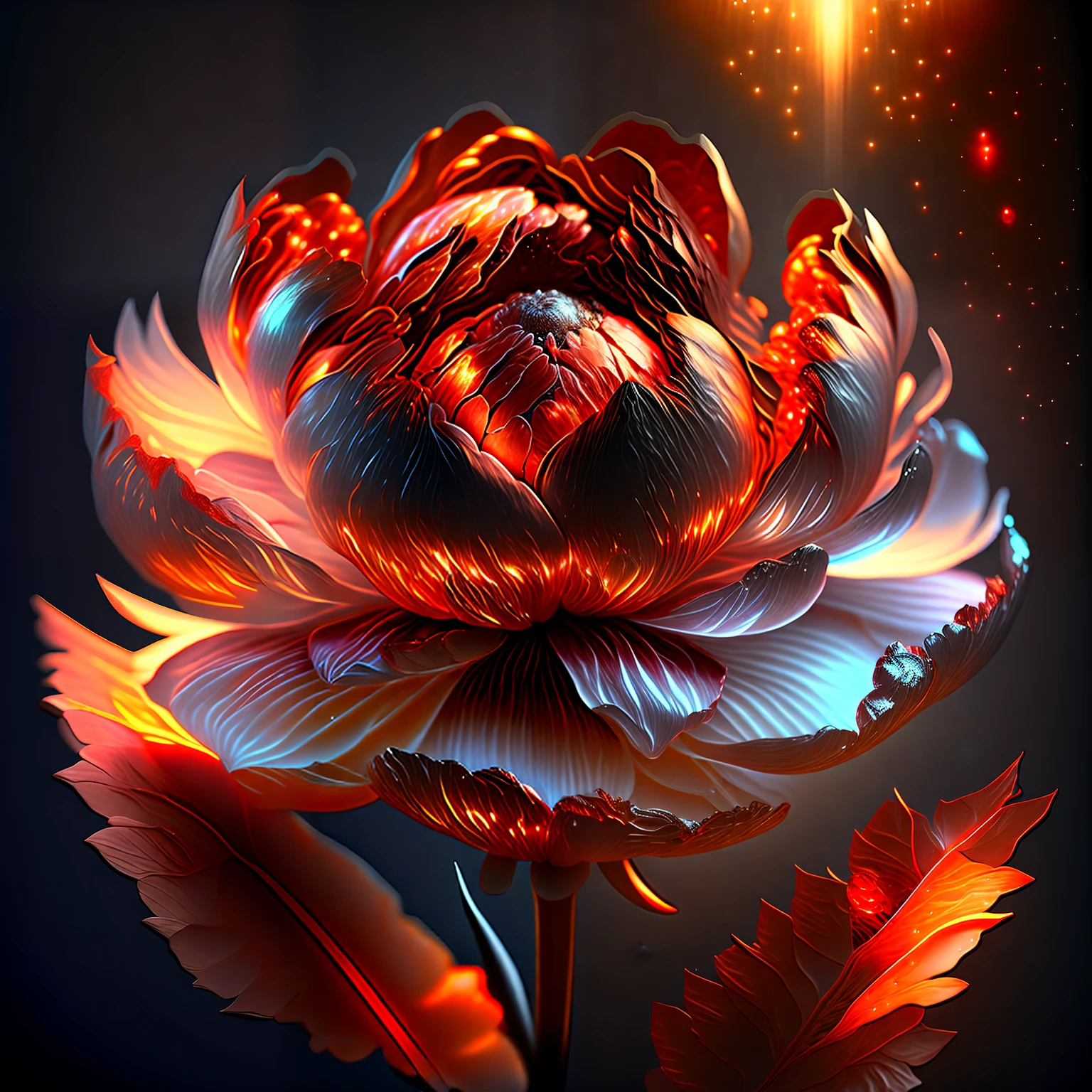 Peony flower, super transparent, holy light, beautiful spectrum light, petals glowing, shimmering, BLACk background, transparent light drops, reflected light, bright, light streaming in, optical, portrait silhouette, sharp focus, magical, intricate, hyper-realistic, fantasy, composition, red AND ORANGE light, artstation trend, pearl, patron saint cloud of silver steam, corroded surround ray family, 8k, real ar 23v4 uplight