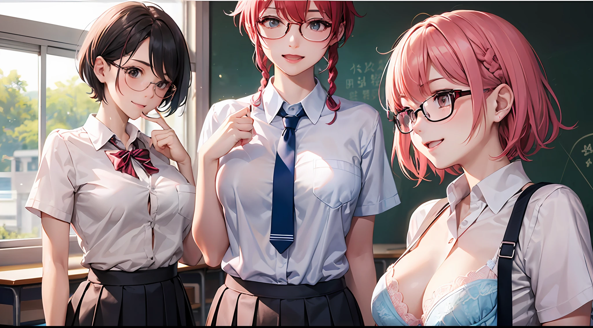 （（​masterpiece）、top-quality、girl with、（high school student uniform）、、Perfect Anatomy、3 people、girl with、red hairs、blue hairs、A pink-haired、I'm wearing glasses、short-hair、Braided shorthair、long、female high-school student、校服、(((Pull up your shirt)))、((no-bra))、(((Exposed breasts)))((Pull up your skirt)))、((Lace panties))、((Digging panties))、‎Classroom、A smile、Embarrassed face、angry looking face