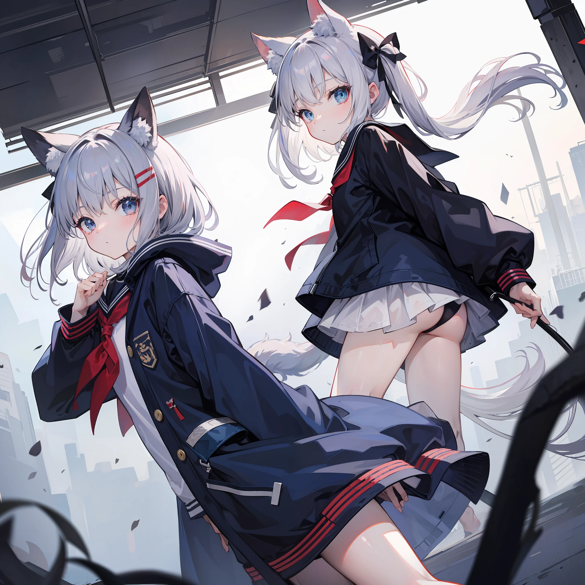 Anime girl in a blue dress and a cat ears with a sword - SeaArt AI