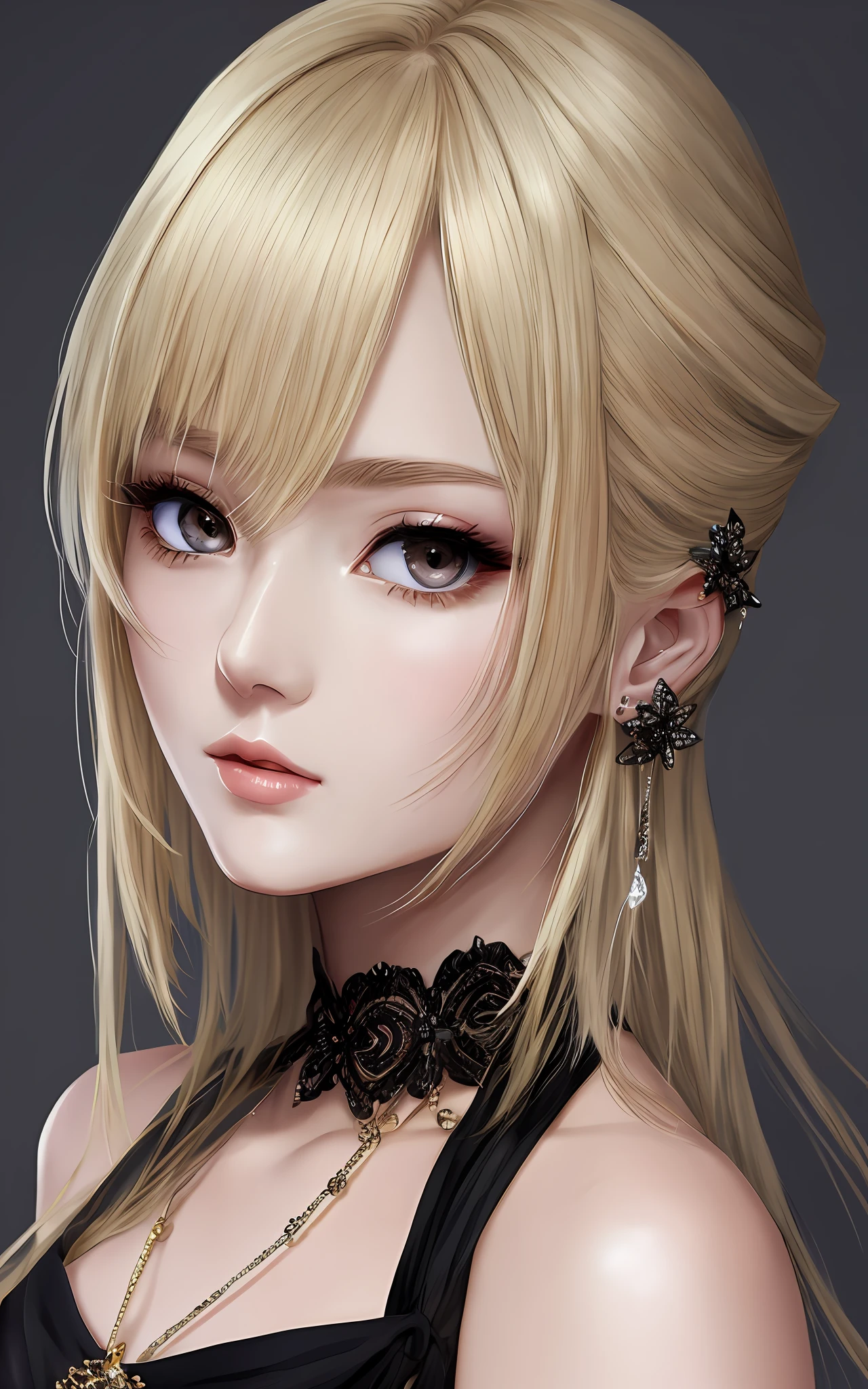 anime styled、Beautiful woman like a fashion model、a closeup、portlate、Beautiful, Moisturized black eyes、Beautiful blonde without hair ornament, hight resolution,　top-quality, ​masterpiece, 8k wallpaper、 One Person、