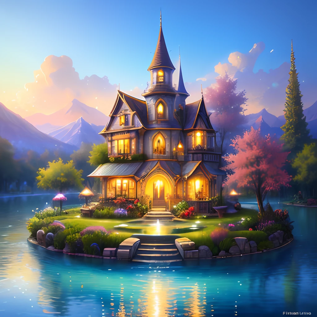 landscape enchanting fountain ultra hd detailed painting, digital art, genre-baptiste monge style, bright, beautiful, splashing, sparkling, cute and charming, filigree, rim lighting, lights, extremely, magic, surrealistic, fantasy, digital art, wlop, artgerm and james jean, isometric, digital art, 3 d render, octane rendering, volumetric