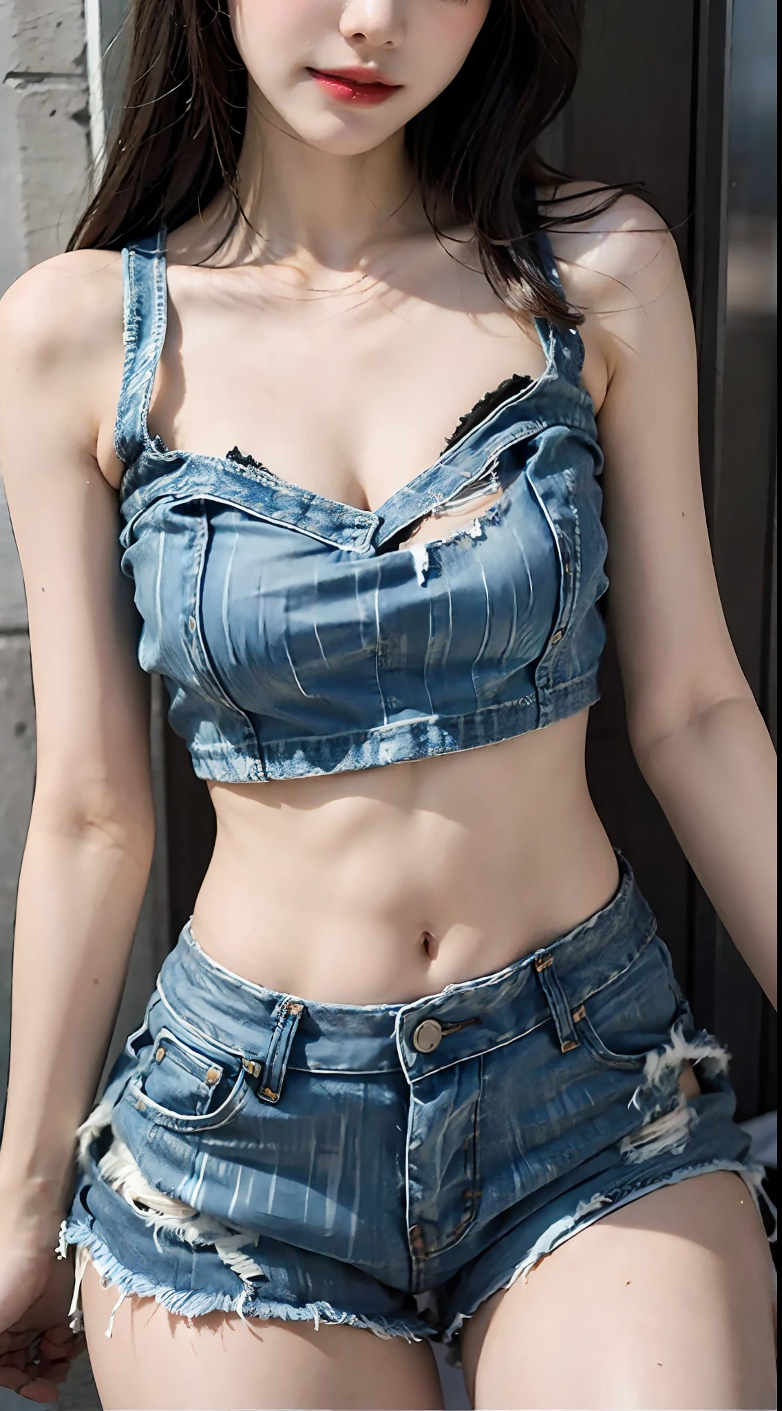 Girl in thin low cut camisole and tight denim shorts poses for photo、full body Esbian、Cropped T-shirt、bra very、Slim body、a large bust、Slim Girl Model、24歳の女性モデル、Beautiful body　Facing the front　Navel out　Show all of the lower abdomen　Showing all the beautiful belly　Too torn denim shorts　Shabby denim shorts　Thigh exposure　Shabby camisole　Too short camisole　Too short denim shorts　Denim shorts down to the waist　Half-taken denim shorts　Lower abdomen exposure