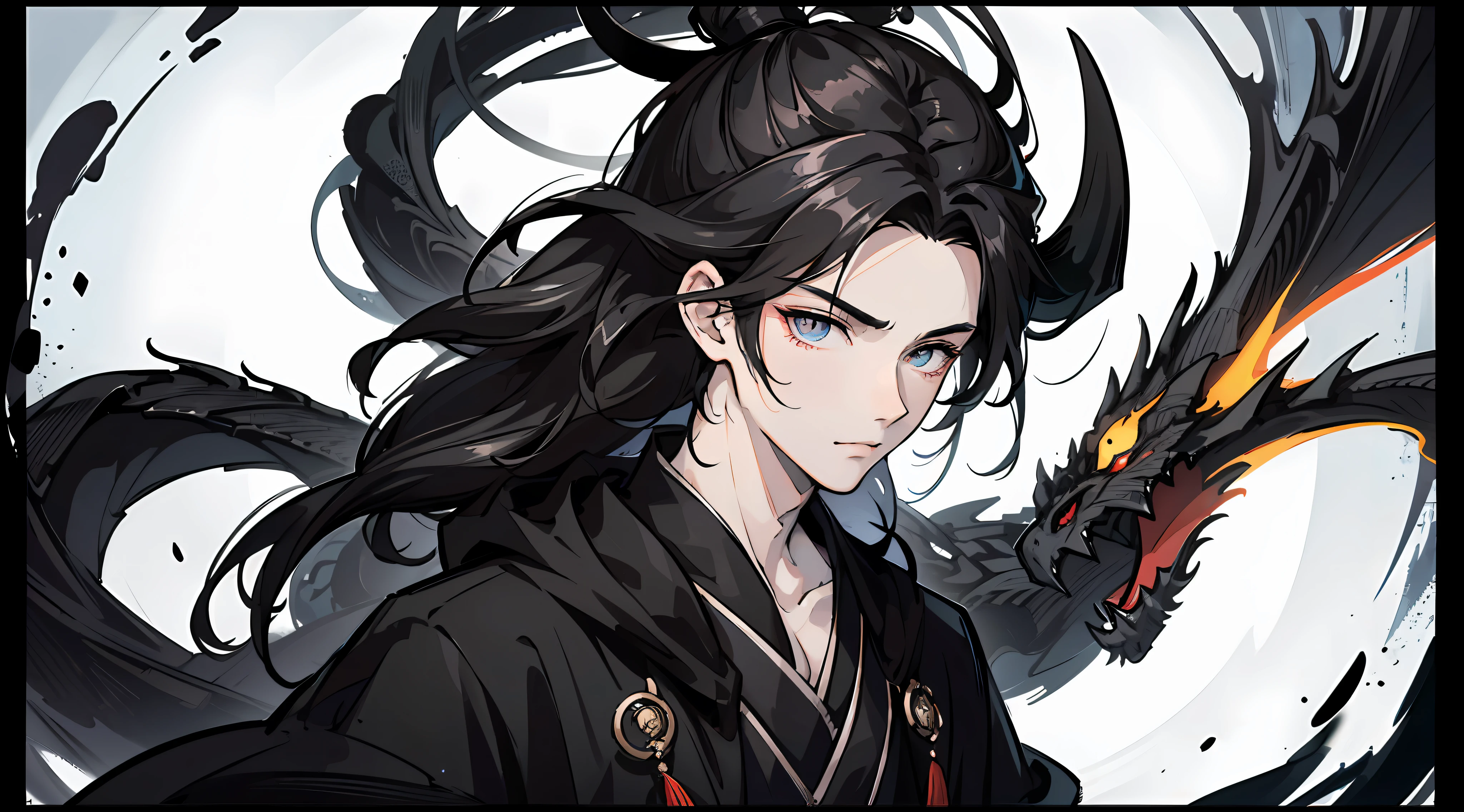 Highest image quality，4K，Ancient Chinese ink style，Handsome antique boy，upperbody closeup，Long black hair，Black and white robes，It is surrounded by black and white double dragons，Eyes glow --auto