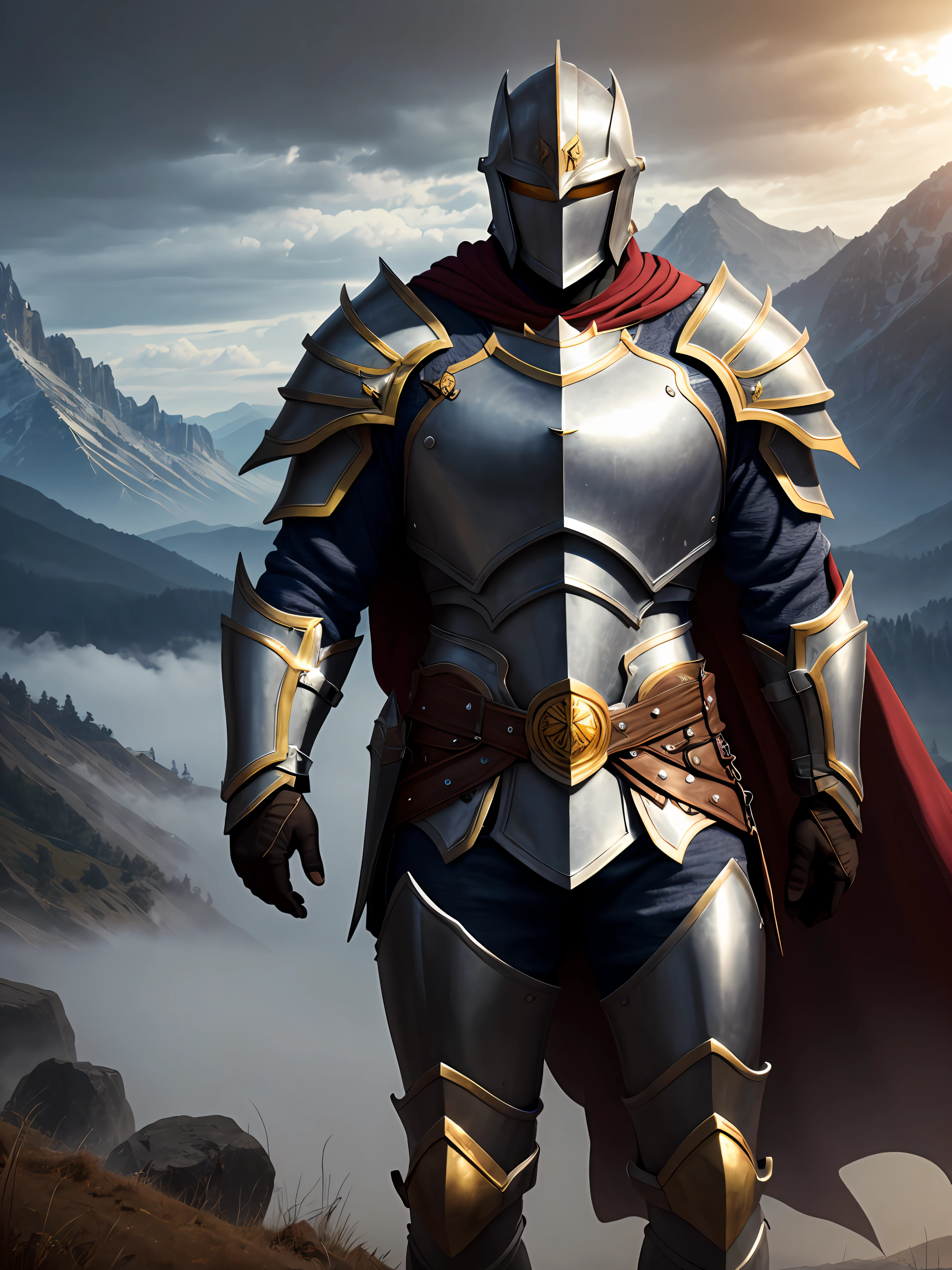 8k, ultra quality, dark night, heavy fog, hyperrealistic, photo, fantasy,
Paladin man, silver armor with golden patterns, full body
detailed skin, detailed face, brassiere, closed chest, cloth, bright, sunlight, outdoor mountains, darkness lighting, dnd