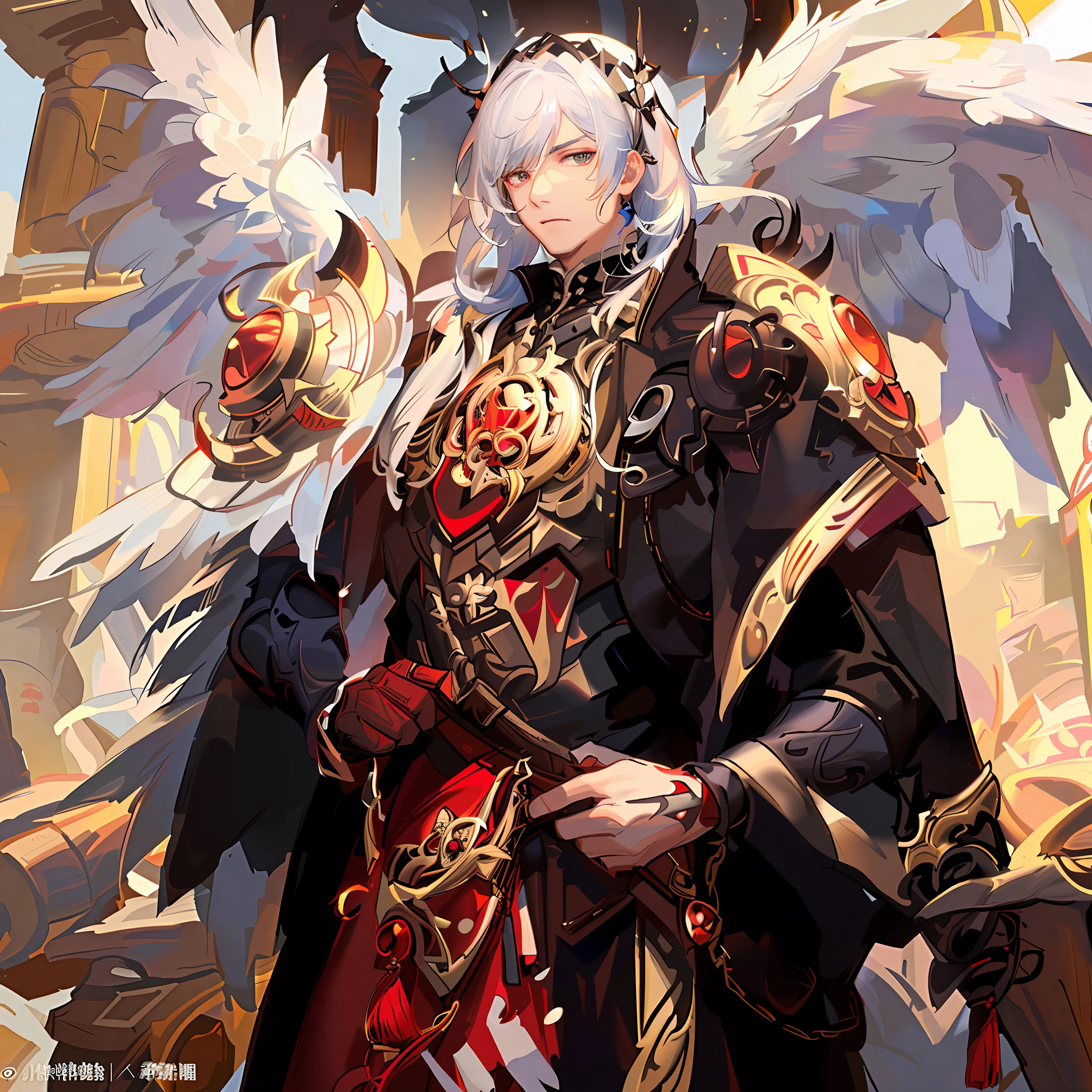 Anime characters with white hair and wings holding swords, by Yang J, Keqing from Genshin Impact, Kusart Krenz key artistic male, Mechanized Valkyrie Boy, Angel Knight Man, zhongli from genshin impact, As a mysterious male angel, shadowverse style, trending on artstation pixiv, high detailed official artwork, white-haired god，A handsome male angel