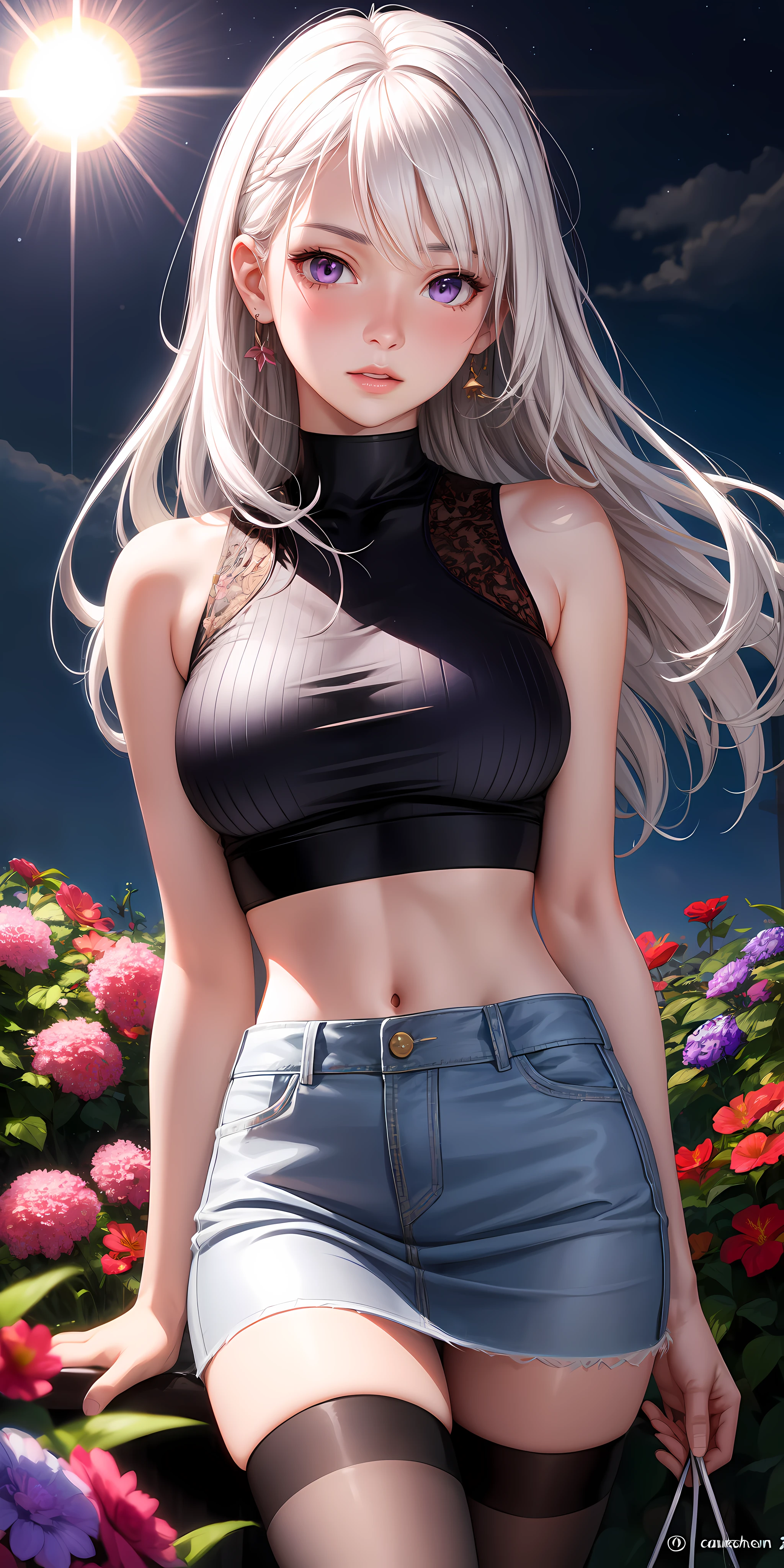 realistic, 1girl, white hair, purple eyes, glowing eyes, crop top, skirt, parted lips, blush, night, flowers, sun, sunlight,