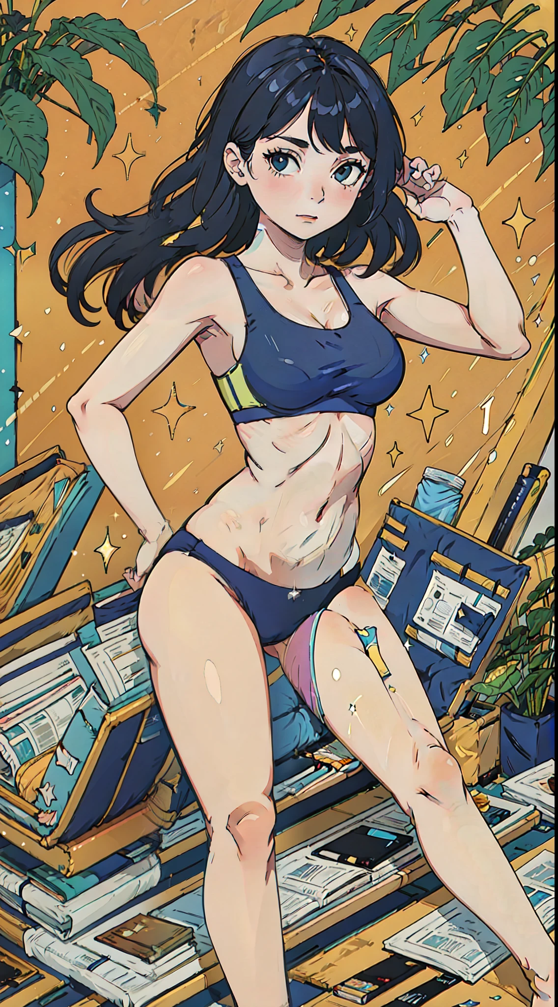 "Dynamic pose of a person with a sparkling, fresh complexion, wearing a sports bra and panties, and having long hair."