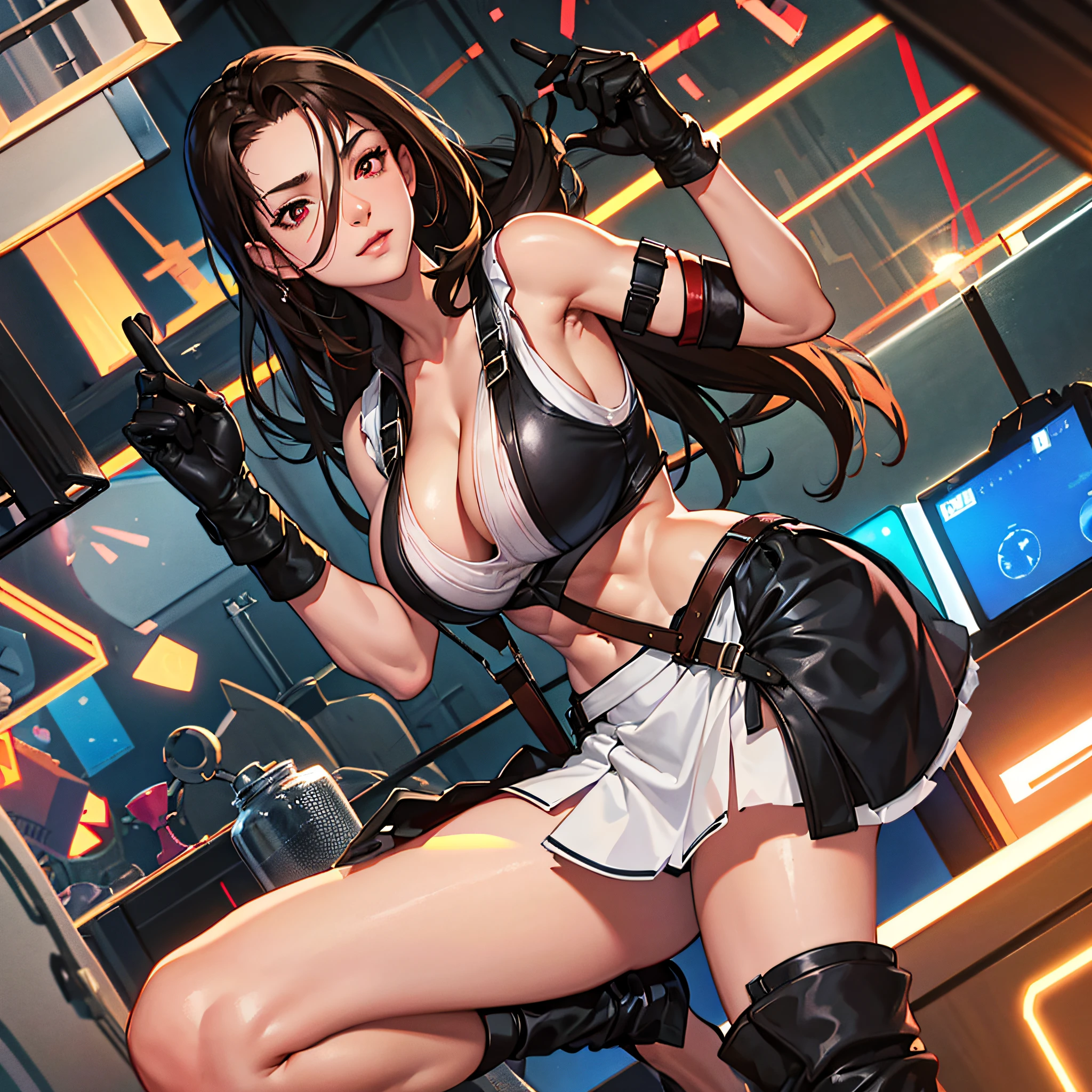 （realisticlying：1.4）, top Quority, very fine and beautiful, A high resolution, 1girll, tifa_lockhart, ssmile, cowboy lens, Harnes, Low Waist, mini-skirts, vests, Tension shirts, brunette color hair, long whitr hair, gloves on the elbow, Beautiful detailed red eyes, Face light, cinmatic lighting, nabel, High exposure, Abdominal exposure, the ribs, Abs, （gigantic cleavage breasts：1.2）, dynamicposes, dynamic angle --auto
