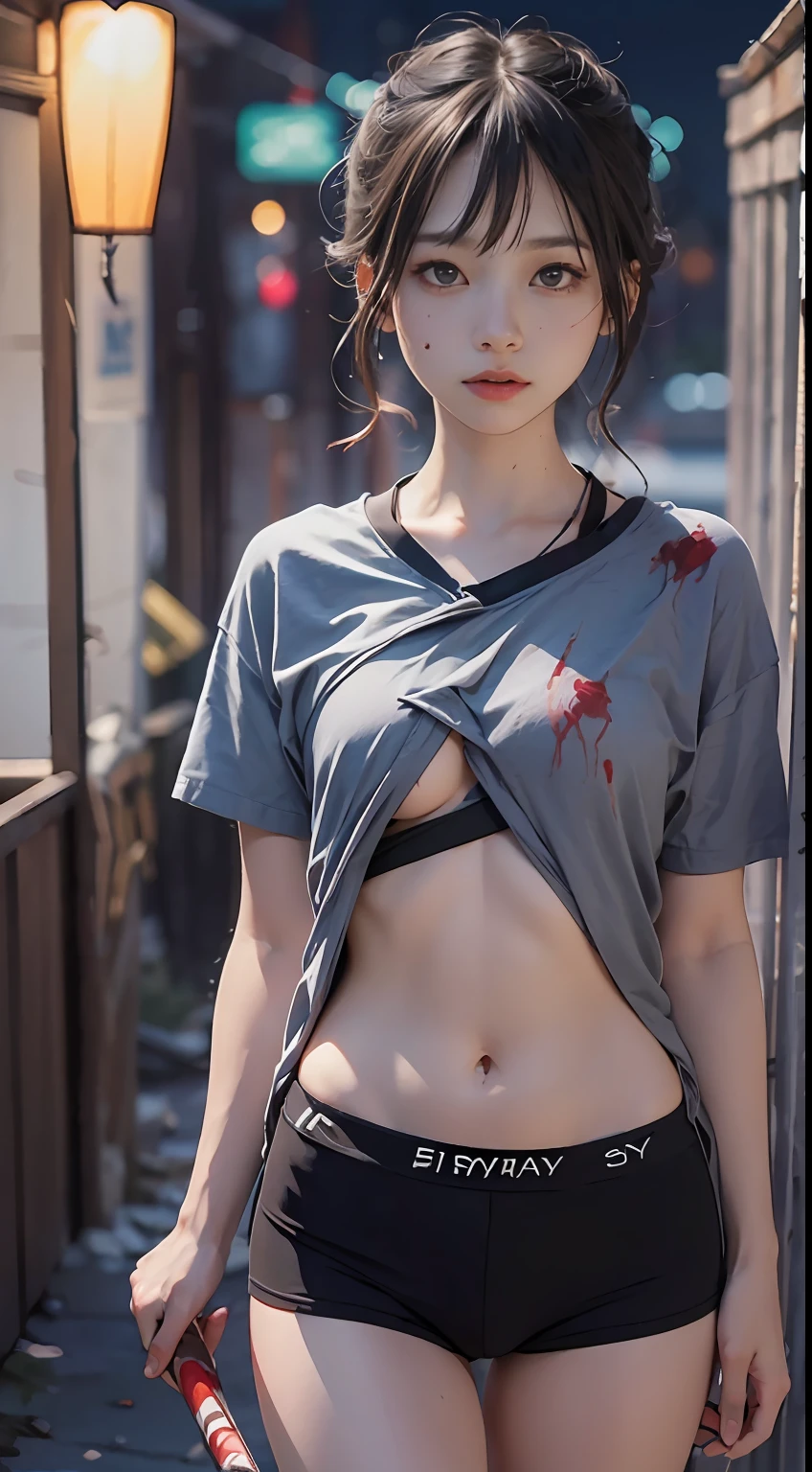 Photorealsitic、hight resolution、 1 人、Cottage at night、summer school、Friday the 13th、Small moles under the eyes、Loose navy blue shirt、Gray gym clothes、tiny chest、axe、Blood paste、axe
