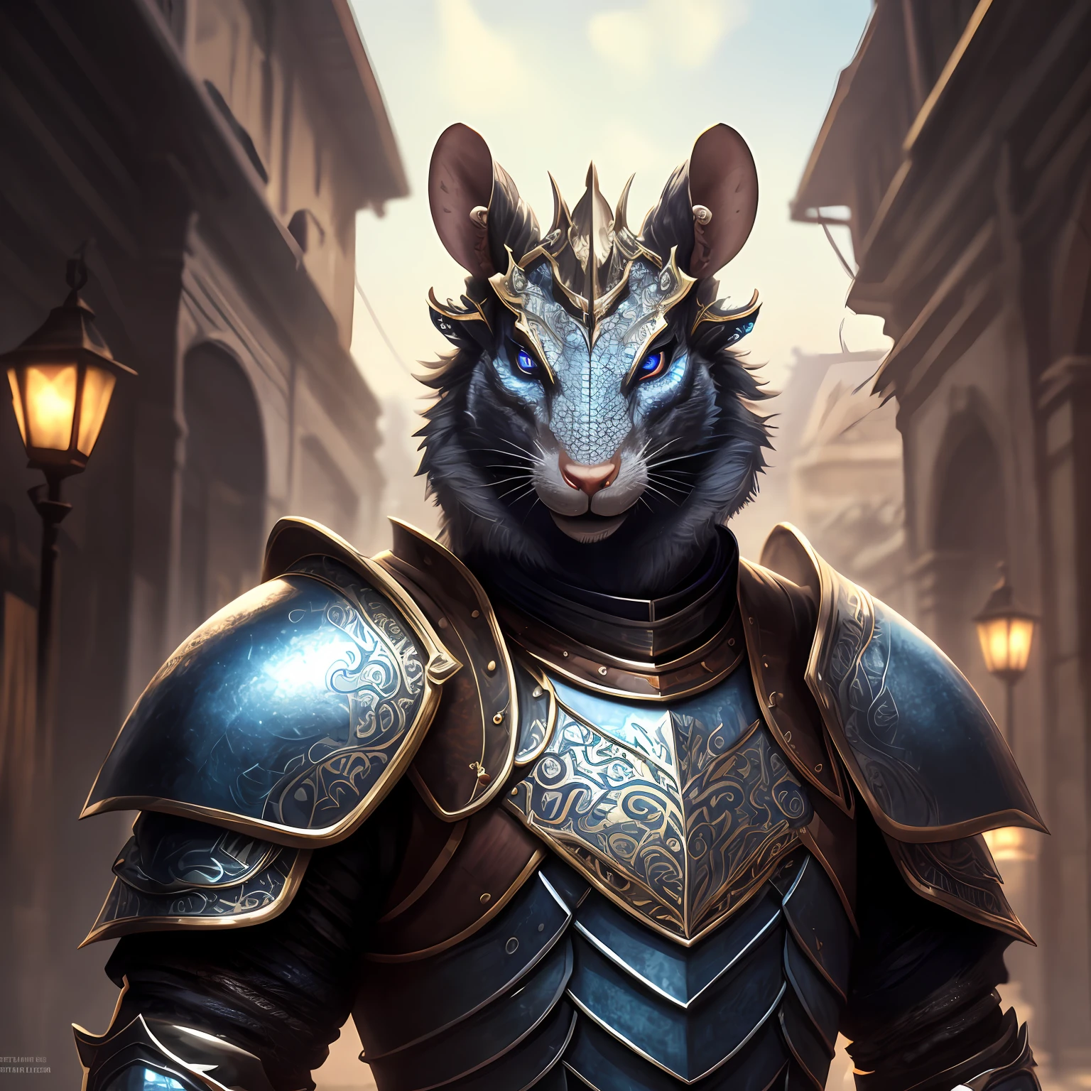 Anthropomorphic portrait of a magnificent rat knight, with big shining blue eyes, wearing exquisite domineering chain silver armor, intricate platinum dragon pattern metal design, grim, domineering, mighty, art station, Thomas Cade  , Cinematic Lighting Effects, Unreal Engine, Octane Rendering, 8K HD --ar 9:16 --testp --upbeta --upbeta --upbeta --upbeta --upbeta --auto