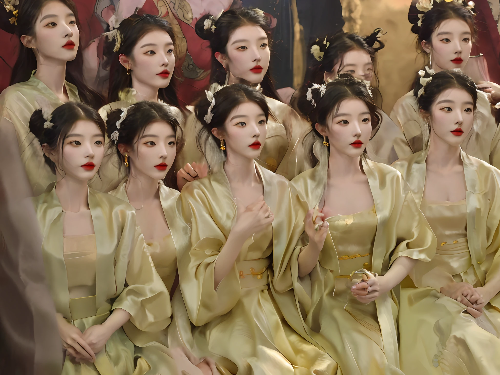 several women in yellow dresses are posing for a picture, wearing ancient chinese clothes, beautiful render of tang dynasty, ancient chinese beauties, hanfu, palace ， a girl in hanfu, inspired by Luo Mu, sha xi, with acient chinese clothes, traditional chinese clothing, inspired by Gu An, inspired by Wu Bin, yanjun chengt, 4 k ]