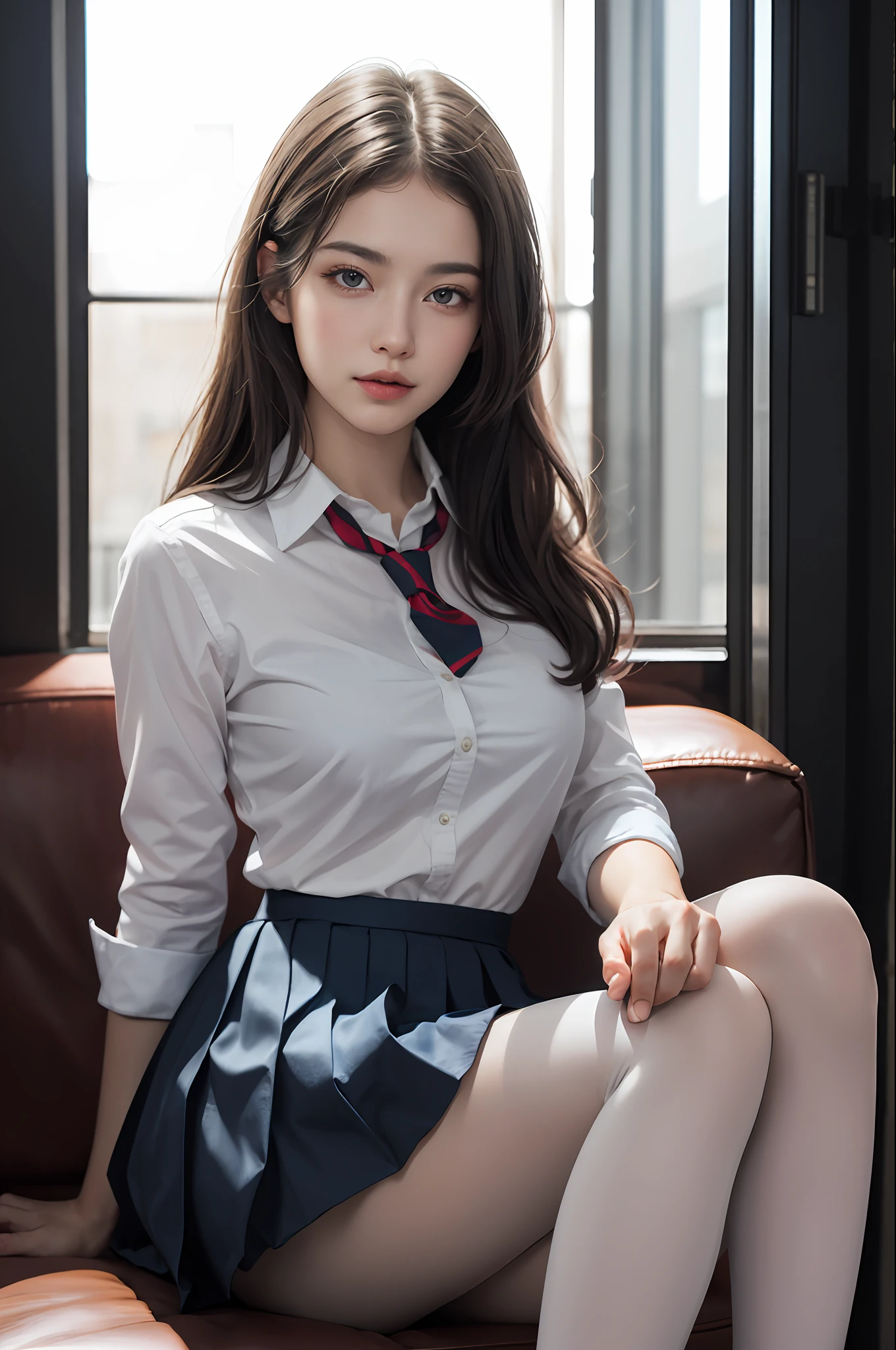 ultra realistic 8k cg, picture-perfect face, flawless, clean, masterpiece, professional artwork, famous artwork, perfect face, beautiful face, beautiful eyes, ((perfect female body)), solo,(immersive atmosphere, chiaroscuro:1.5,bright light:1.2,luminous lighting)
,,(blush:0.5),seductive expression,extremely detailed_eyes,thick thighs,large breasts,
beautifully detailed background,depth of field,realistic:1.3, long shot,1girl,shirt,pleated skirt, school uniform, sitting, full body,
(ambient light:1.3),(cinematic composition:1.3),(neon lights:0.1),(HDR:0.1),Accent Lighting, white pantyhose,