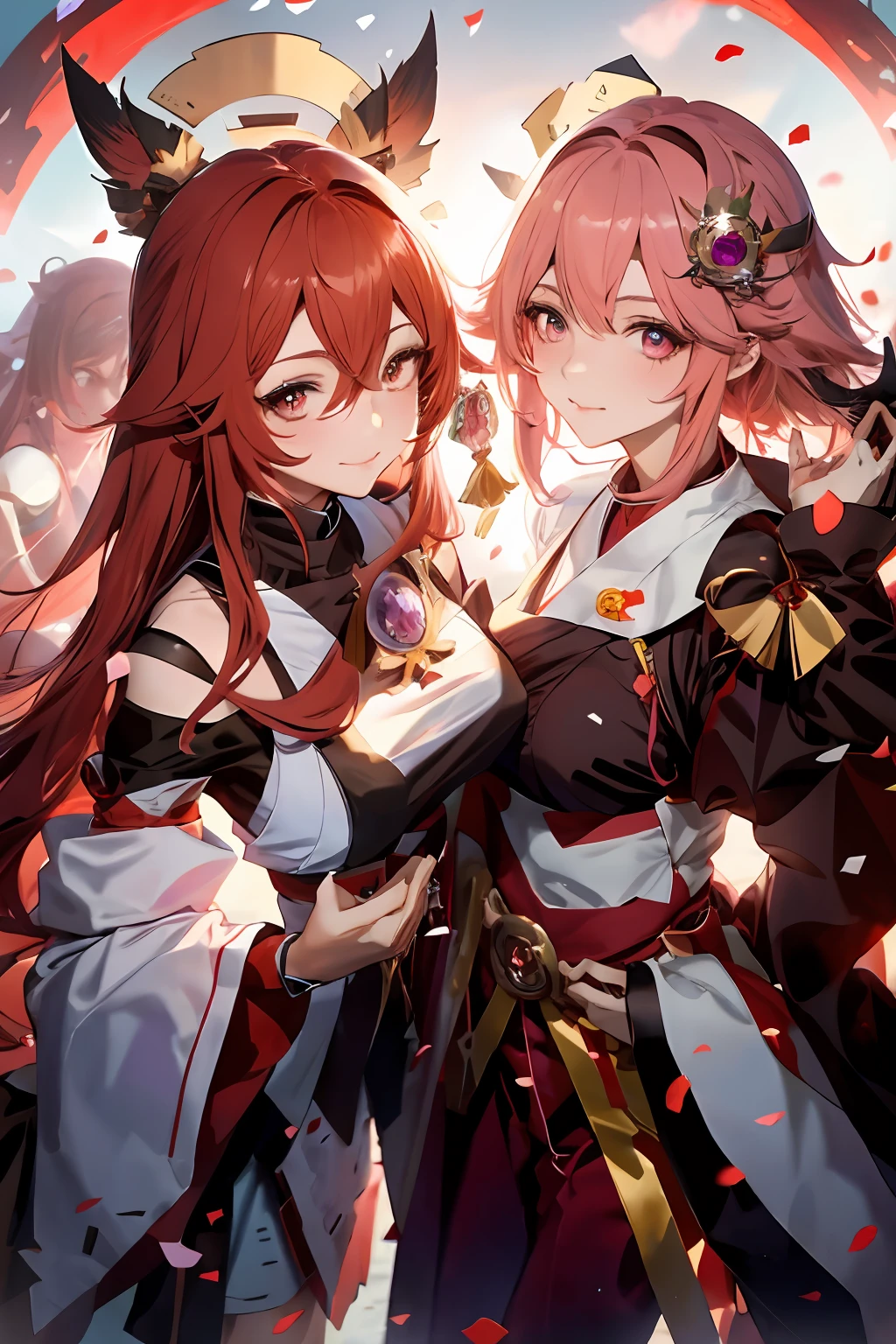 anime characters dressed in costumes posing for a picture, WLOP and Sakimichan, Guweiz in Pixiv ArtStation, Guviz, Guweiz on ArtStation Pixiv, Guviz-style artwork, Genshin, From Arknights, krenz cushart and wenjun lin, wlop and krenz cushart