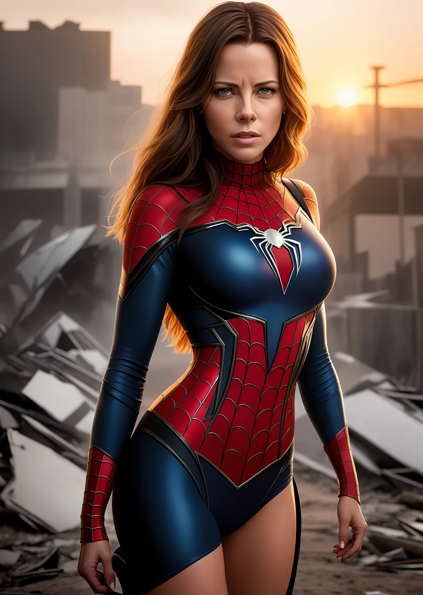 Kate Beckinsale in blue Spider-Man costume, photo of sassy woman with angry look, large breasts, superhero pose, standing in ruined city at sunset, hyper-detailed, (8k), realistic, symmetrical, award-winning, cinematic lightning, soaked, film, 75mm, scratches, full body shot, close-up, torn and dirty clothes, detailed face,