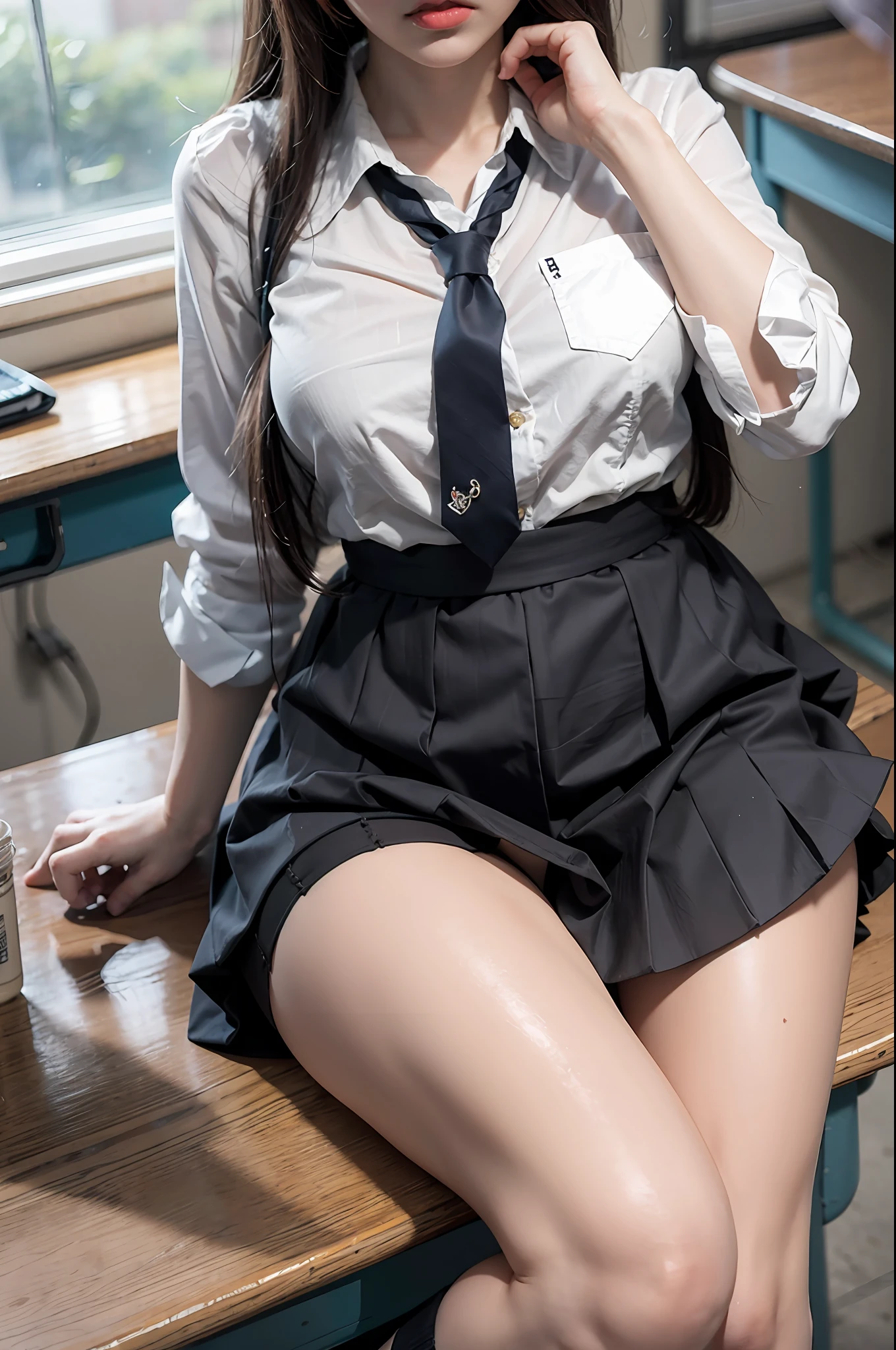 cabelos preto e longos，White skin，chineseidol，年轻，thick bushy eyebrows，Black colored eyes，bite lips，White school uniform，green necktie，Small waist，Short blue skirt，whitestocking，in class room，sitting on the classroom desk，Slim legs，Brown school shoes，8k，tmasterpiece，A high resolution，A high resolution，A high resolution， Inspired by Marin Kitagawa from anime
