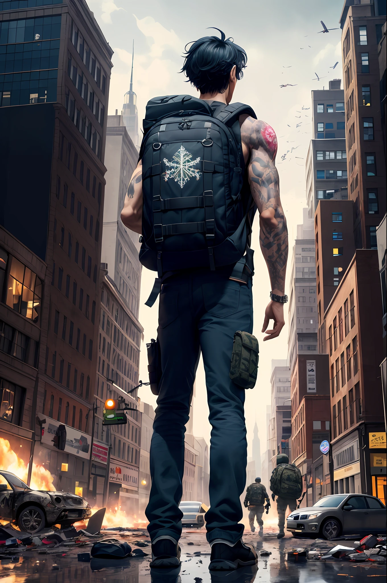 masterpiece, top quality, best quality, official art, beautiful and aesthetic:1.2), (1man), man, young man, man of 16, extreme detailed,(fractal art:1.3),colorful,highest detailed, black hair, long hair, wavy hair, black eyes, big city, zombies around, backpack, wind, destroyed city, military clothing