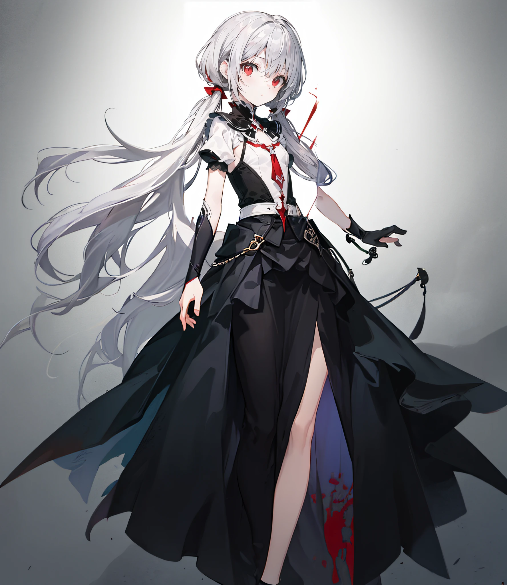 Anime girl with long white hair and red eyes in black and white costume, Official artwork, off-world，[[Blood]]，long  skirt