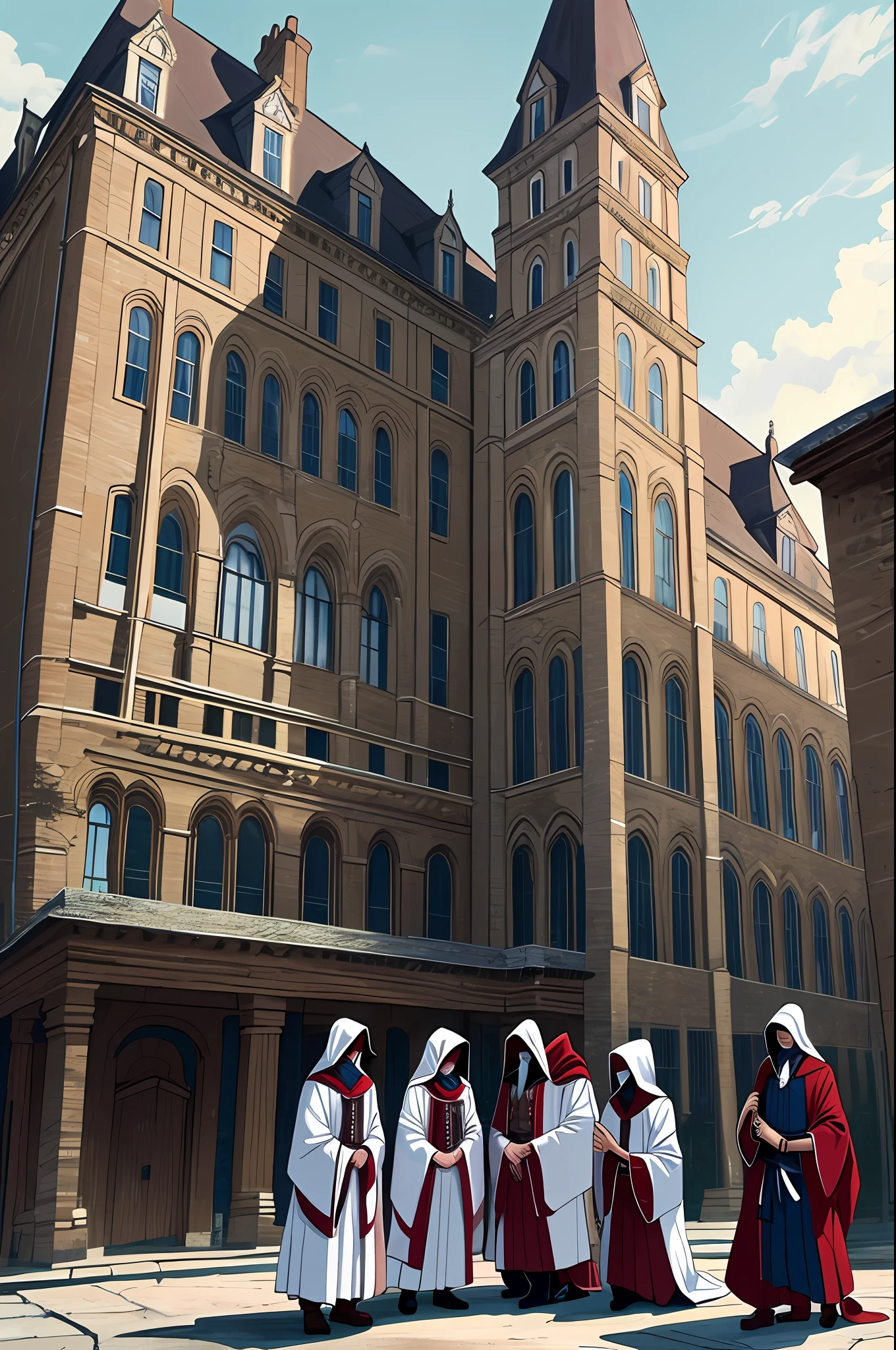 Bunch of assasins, group shoot, white assassin's robe, kneeling, on a big building, watching the village