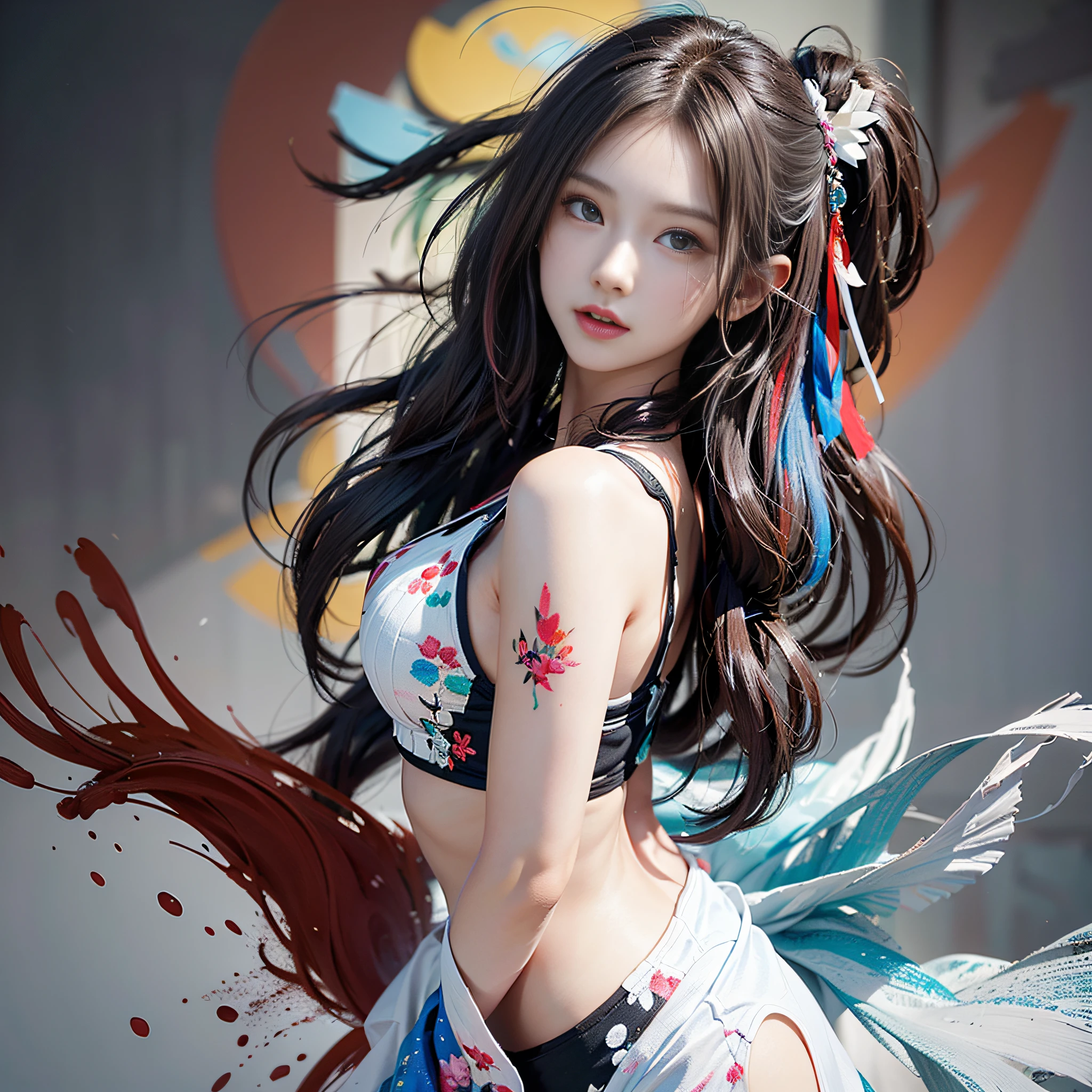 Realistis，tmasterpiece，Best quality at best，best qualtiy，超高分辨率，（Realiy感），（Detailed eyes：1.4），（Realiy，Realiy感：1.4），Perfect lighting，Vibrant and energetic photos，vibrant with colors. The female model is completely covered in multi-colored paint, Create a color decomposition. She poses in action, Paint splashes froze in the air around her. She had very few clothes, Focus on paint. Her hairstyle is stylish and bold. In the background is a white studio，The model has enough space to move freely. The camera angle is slightly raised, Capture the dynamic motion of the model. ISO 400, Shutter speed 1/500, Focal length 50mm, Moderate depth of field. This photo was taken under bright and even studio lighting.