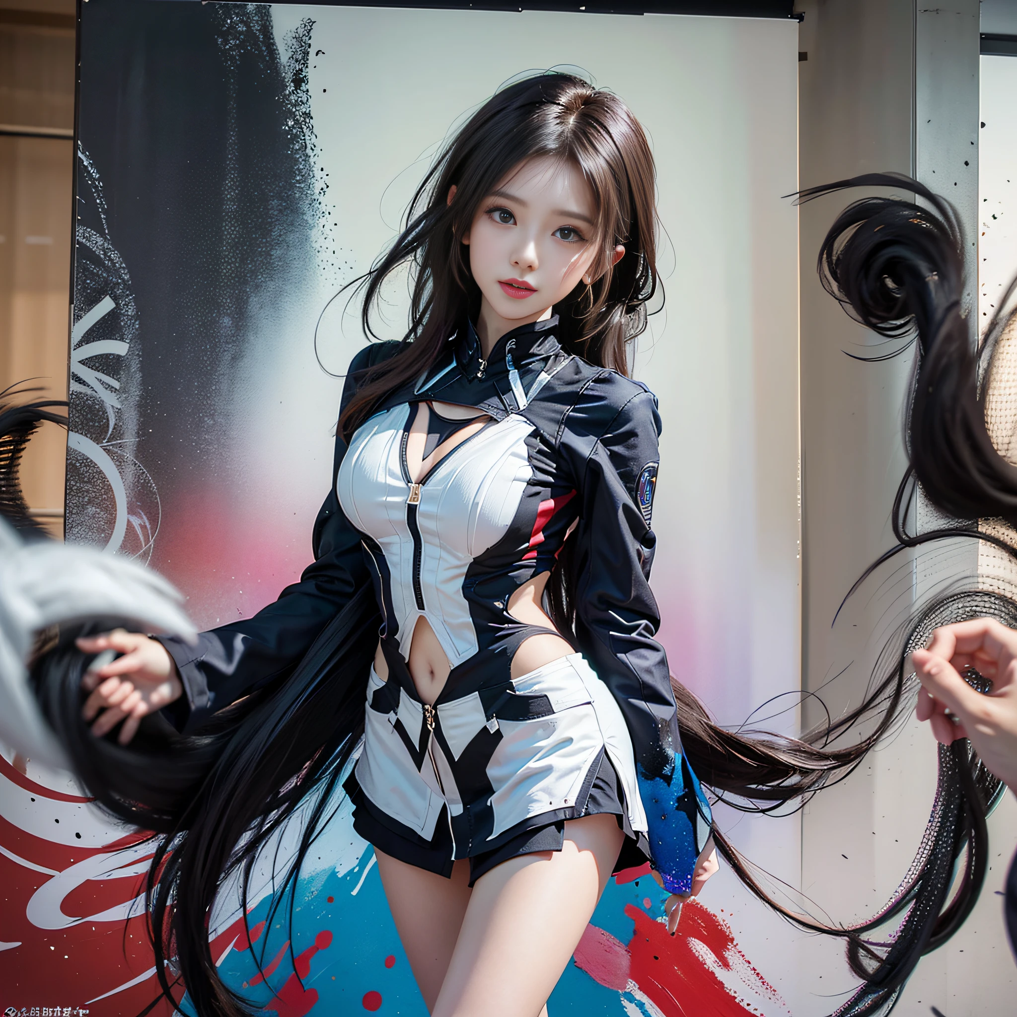 Realistis,tmasterpiece,Best quality at best,best qualtiy,超高分辨率,(Realiy感),(Detailed eyes:1.4),(Realiy,Realiy感:1.4),Perfect lighting,Vibrant and energetic photos,vibrant with colors. The female model is completely covered in multi-colored paint, Create a color decomposition. She poses in action, Paint splashes froze in the air around her. She had very few clothes, Focus on paint. Her hairstyle is stylish and bold. In the background is a white studio,The model has enough space to move freely. The camera angle is slightly raised, Capture the dynamic motion of the model. ISO 400, Shutter speed 1/500, Focal length 50mm, Moderate depth of field. The image was taken under bright and even studio lighting.