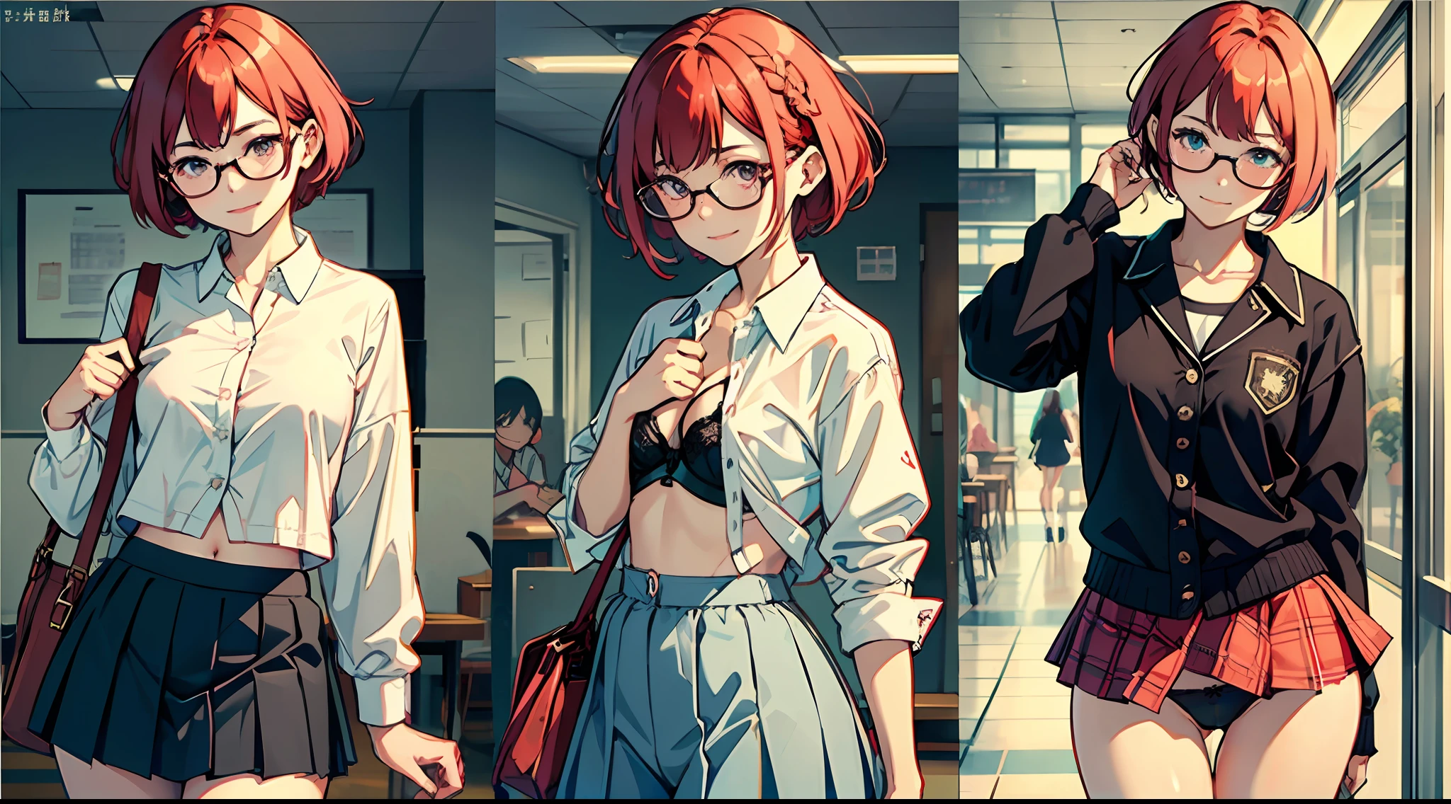 ((masterpiece)、top-quality、girl with、(high school student uniform)、、Perfect Anatomy、3 people、girl with、red hairs、blue hairs、A pink-haired、I'm wearing glasses、short-hair、Braided shorthair、long、female high-school student、校服、(((Pull up your shirt)))、((no-bra))、((Pull up your skirt)))、((Lace panties))、((Digging panties))、intersection、A smile、Embarrassed face、angry looking face