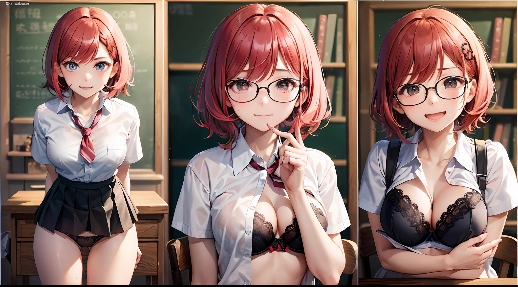 （（​masterpiece）、top-quality、girl with、（high school student uniform）、、Perfect Anatomy、3 people、girl with、red hairs、blue hairs、A pink-haired、I'm wearing glasses、short-hair、Braided shorthair、long、female high-school student、校服、(((Pull up your shirt)))、((no-bra))、(((Exposed breasts)))((Pull up your skirt)))、((Lace panties))、((Digging panties))、‎Classroom、A smile、Embarrassed face、angry looking face