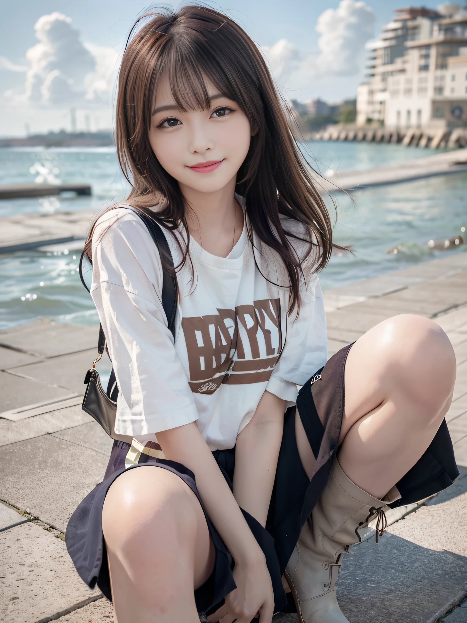 (masutepiece, top-quality, Ultra High Quality, 超A high resolution: 1.2), (8K raw photos), (Detailed eyes and skin), (detailed facial features), Detailed eyes, tre anatomically correct, (Textured skin: 1.2), (Realistic, photographrealistic: 1.2), award - winning photo, Depth of Picture, Shading by sunlight、
drooing eyes, long eyeslashes, bags under eyes, brown haired, thick bangs, curlyhair、shinny hair、Happy smiling face、
tshirts、jaket、skirt by the、boots、sea side、