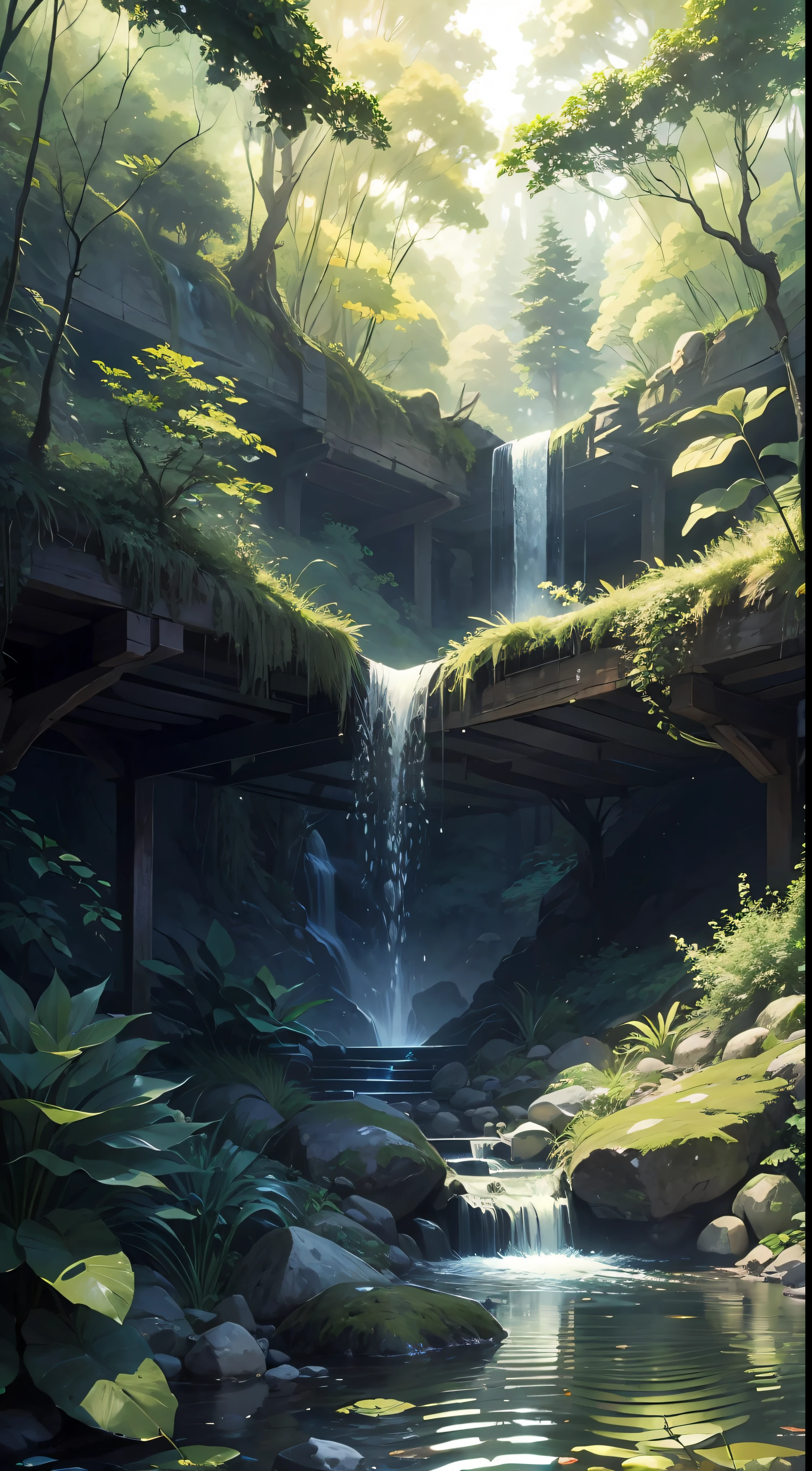 "Serene forest scene with a captivating small waterfall amidst lush foliage and glistening water."