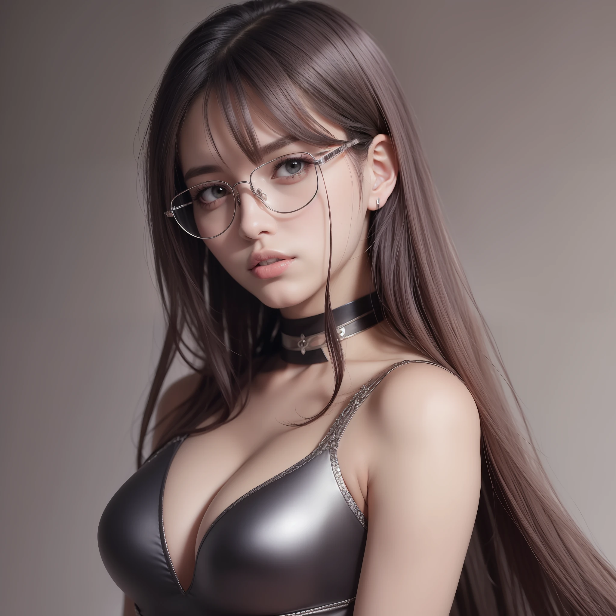 solo, high resolution, highest quality, super high quality, super detail, ultra realistic, photorealistic, super beautiful woman, sharp slit eyes, silver glasses, shoulder length straight black hair, alluring moist lips, mysterious, enchanting, great proportion, perfect proportion, slender, full body, bedroom