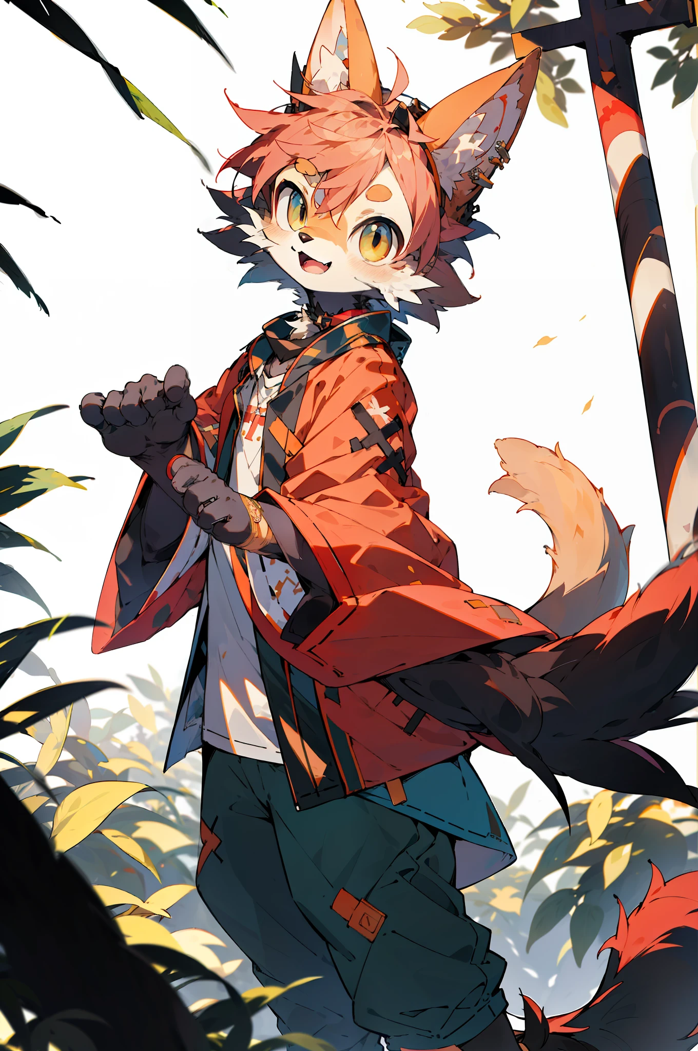 depth of fields,lighting perfect,light particules,(best qualtiy),(tmasterpiece),(ultra - detailed),Sharp focus,light particules,niji,Eyes,Blushlush,brown_Eyes,Looking_at_peeping at the viewer,Smile,Solo,Furry,Animal_Ear_vellus hair,Open_clothes,Arms back,The upper part of the body,rays of sunshine,The tree,with her mouth open,from below,Arms back,cat ear,Cat tail,In pink,(No hair),(bald-headed),Wide sleeves,shorter pants,choker necklace,耳Nipple Ring,crosses,
