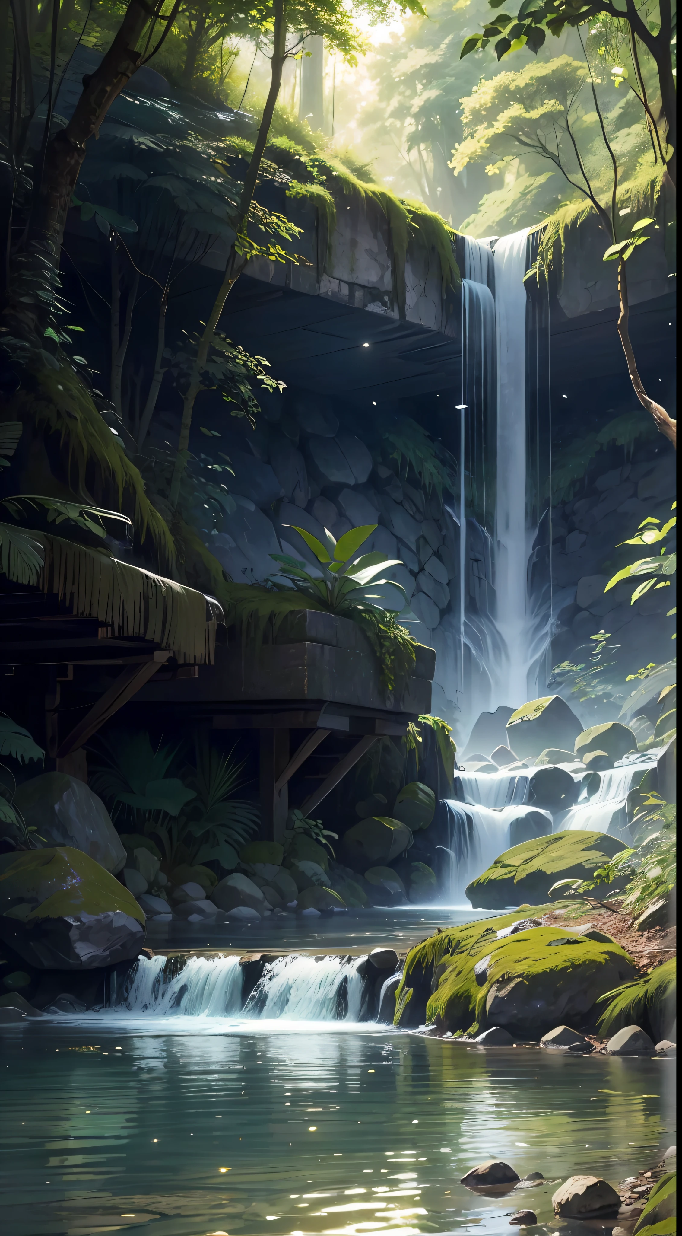 "Serene forest scene with a captivating small waterfall amidst lush foliage and glistening water."