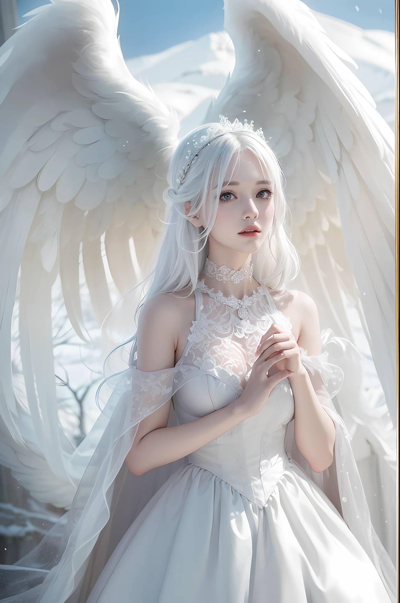 (masterpiece, ultra quality, high-res, 10, intricate: 1.2), (detailed face:1.2),so pretty, Detailed skin, pores, Absurd , whimsical, [Show your shoulders.],1 girl,White Angel Dress, ((Realistic)), good lighting quality, korean girl, ((pale skin)), balanced eyes,Angel 6 Wings,snowy,I'm streaming.,Beautiful shape,fascinating,Princess Snow White,White Hair,snow,queen snow