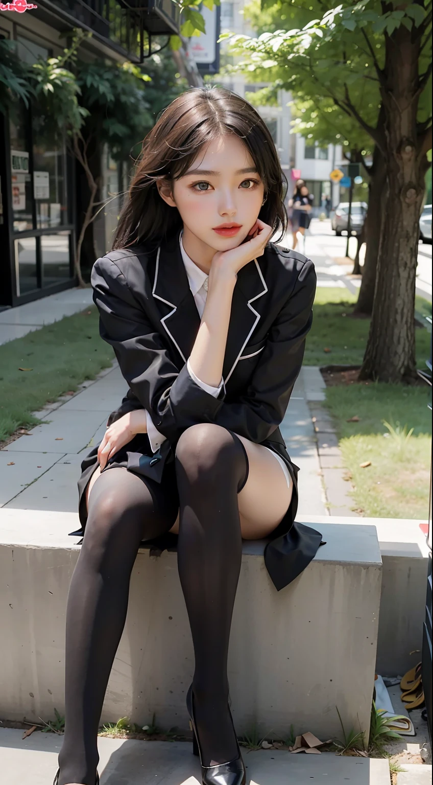 Best quality, full body portrait, delicate face, pretty face, 25 year old woman, slim figure, small bust, OL uniform, office clothes, black stockings, outdoor scene, sitting position