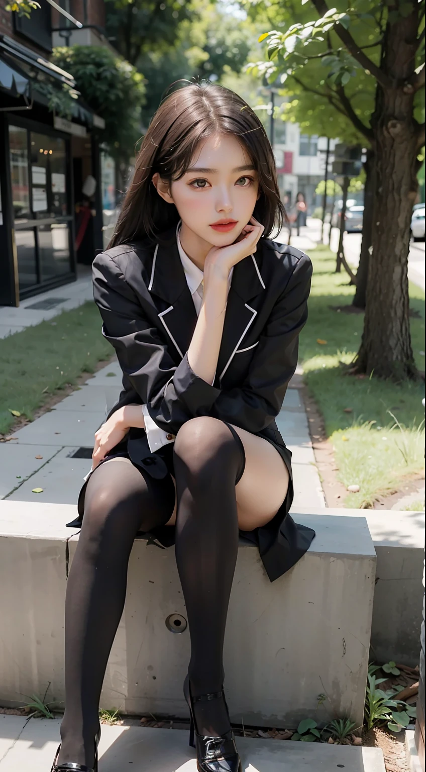Best quality, full body portrait, delicate face, pretty face, 25 year old woman, slim figure, small bust, OL uniform, office clothes, black stockings, outdoor scene, sitting position
