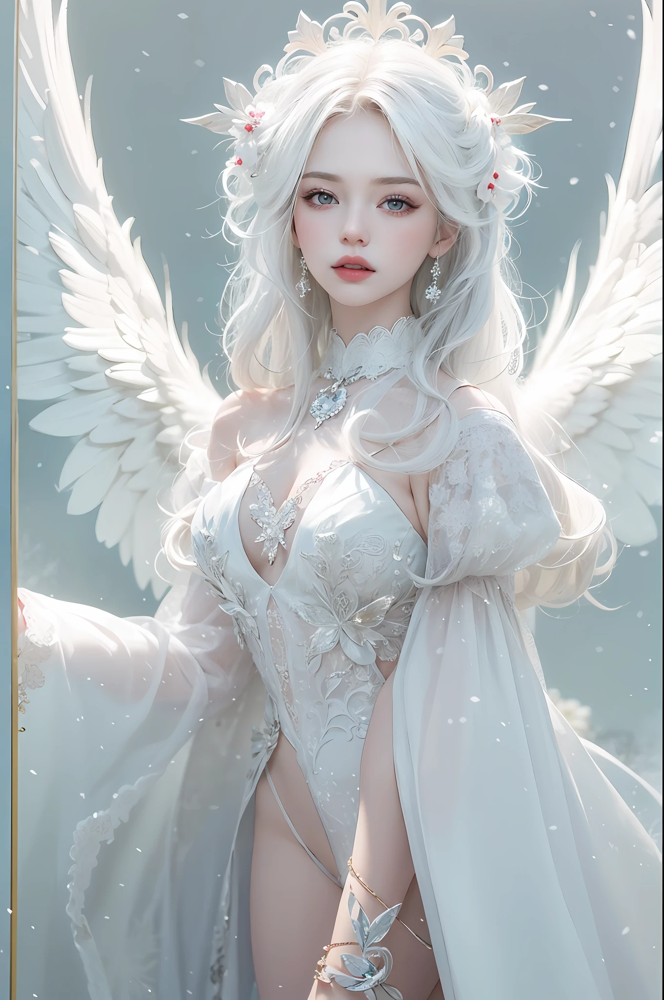 (masterpiece, ultra quality, high-res, 10, intricate: 1.2), (detailed face:1.2),so pretty, Detailed skin, pores, Absurd , whimsical, [Show your shoulders.],1 girl,White Angel Dress, ((Realistic)), good lighting quality, korean girl, ((pale skin)), balanced eyes,Angel 6 Wings,snowy,I'm streaming.,Beautiful shape,fascinating,Princess Snow White,White Hair,snow,queen snow