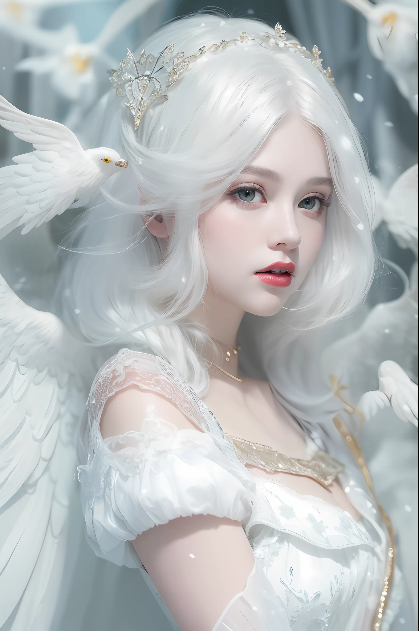 (masterpiece, ultra quality, high-res, 10, intricate: 1.2), (detailed face:1.2),so pretty, Detailed skin, pores, Absurd , whimsical, [Show your shoulders.],1 girl,White Angel Dress, ((Realistic)), good lighting quality, korean girl, ((pale skin)), balanced eyes,Angel 6 Wings,snowy,I'm streaming.,Beautiful shape,fascinating,Princess Snow White,White Hair,snow,queen snow