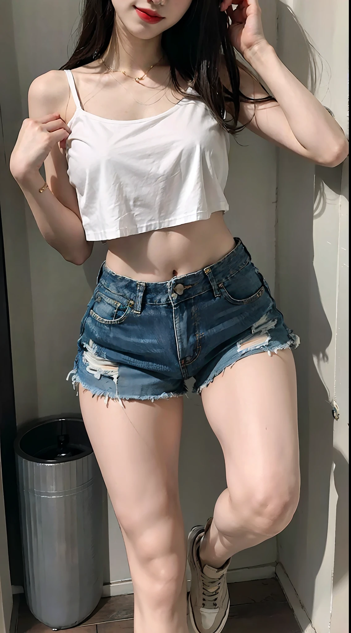 Girl in thin low cut too short t-shirt and tight denim shorts poses for photo、full body Esbian、Ultra-cropped T-shirt、、Slim body、a large bust、Slim Girl Model、24歳の女性モデル、Beautiful body　Facing the front　Navel out　Show all of the lower abdomen　showing a beautiful belly　Too torn denim shorts　Shabby denim shorts　Thigh exposure　Shabby camisole　Too short camisole　Too short denim shorts　Showing all of the lower abdomen　Showing embarrassing parts