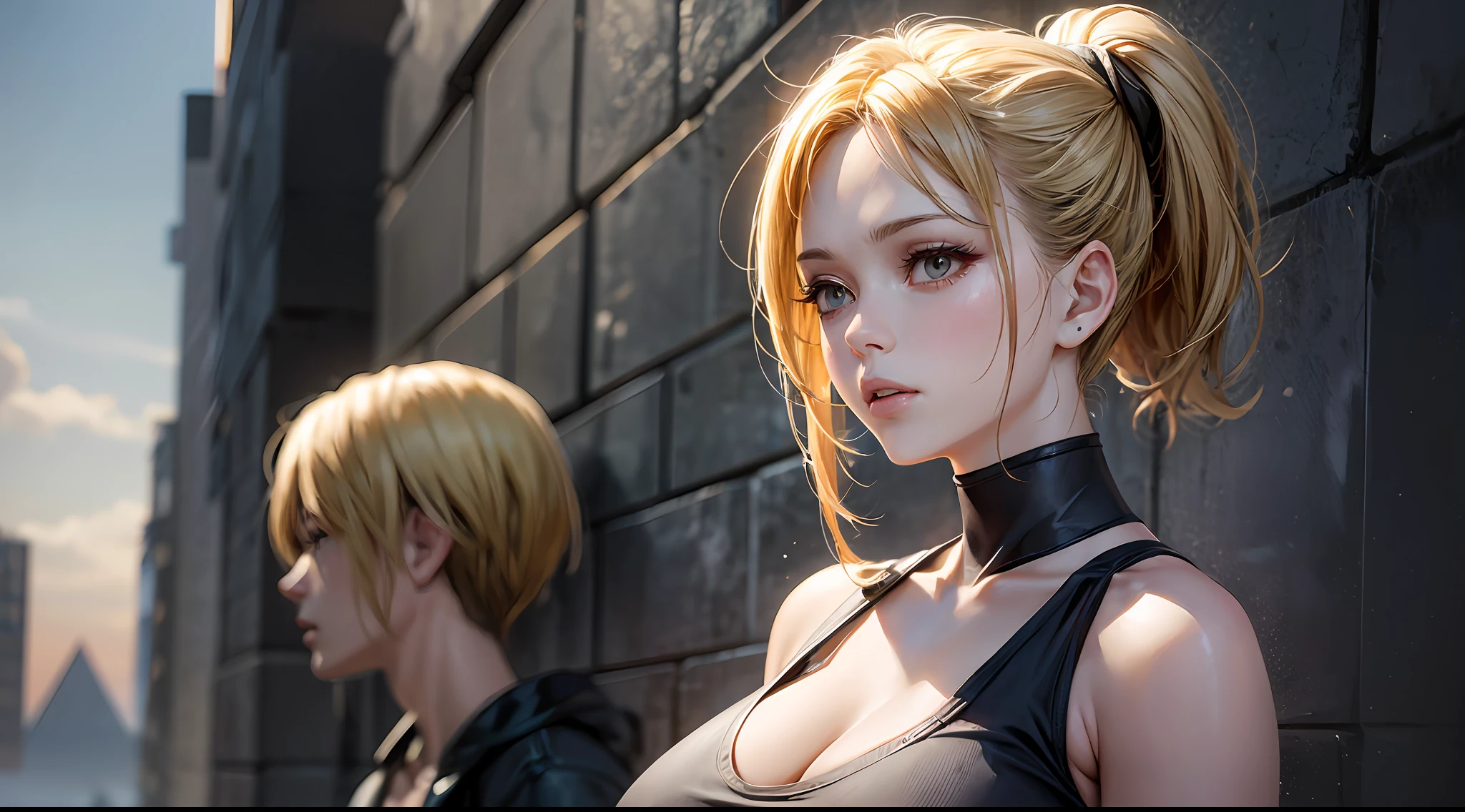 (Attack on Titan、Annie Leonhart)、(Tank tops)、Young、Cute、a beauty girl、(Blonde mini ponytail)、Perfect Style、huge tit、Emphasizes cleavage、deadpan、realisitic、realistic、8k、ighly detailed、top-quality、Top image quality、超A high resolution、masterpiece、one girls、(Egyptian pyramids in the background)、