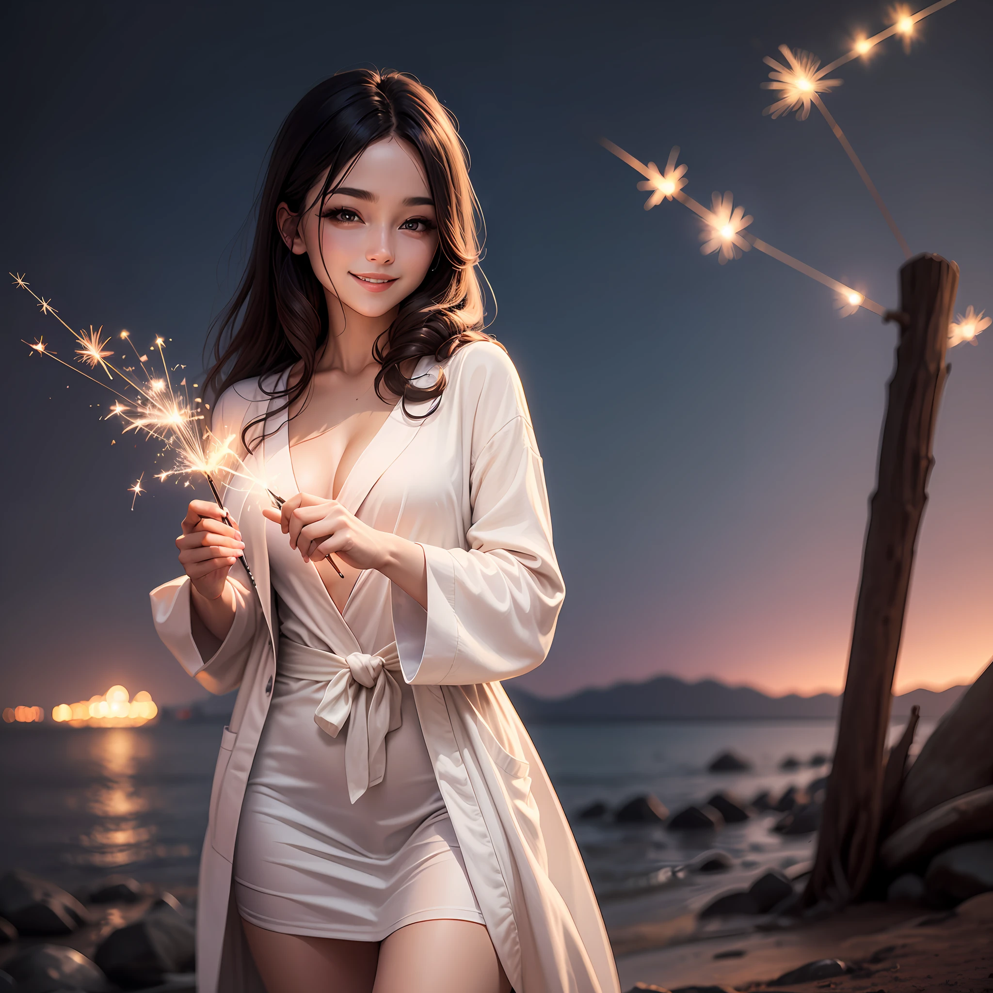 bathrobe、nighttime scene、sparklers、Insanely beautiful、A very beautiful woman with a smile、high-level image quality、8k --auto