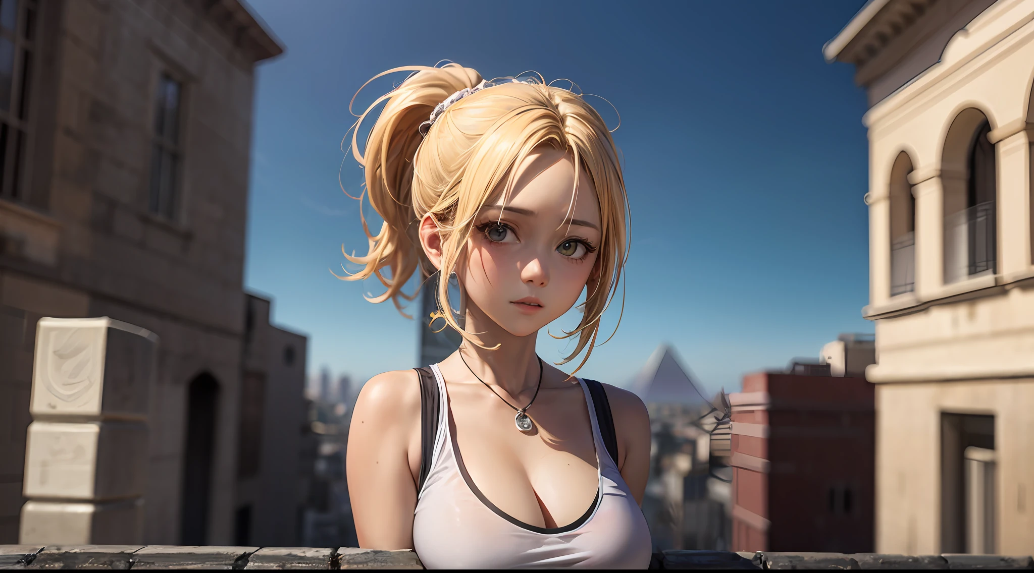 （Attack on Titan、Annie Leonhart）、（Tank tops）、Young、Cute、a beauty girl、（Blonde mini ponytail）、Perfect Style、huge tit、Emphasizes cleavage、deadpan、realisitic、realistic、８ｋ、ighly detailed、top-quality、Top image quality、超A high resolution、​masterpiece、one girls、（Egyptian pyramids in the background）、