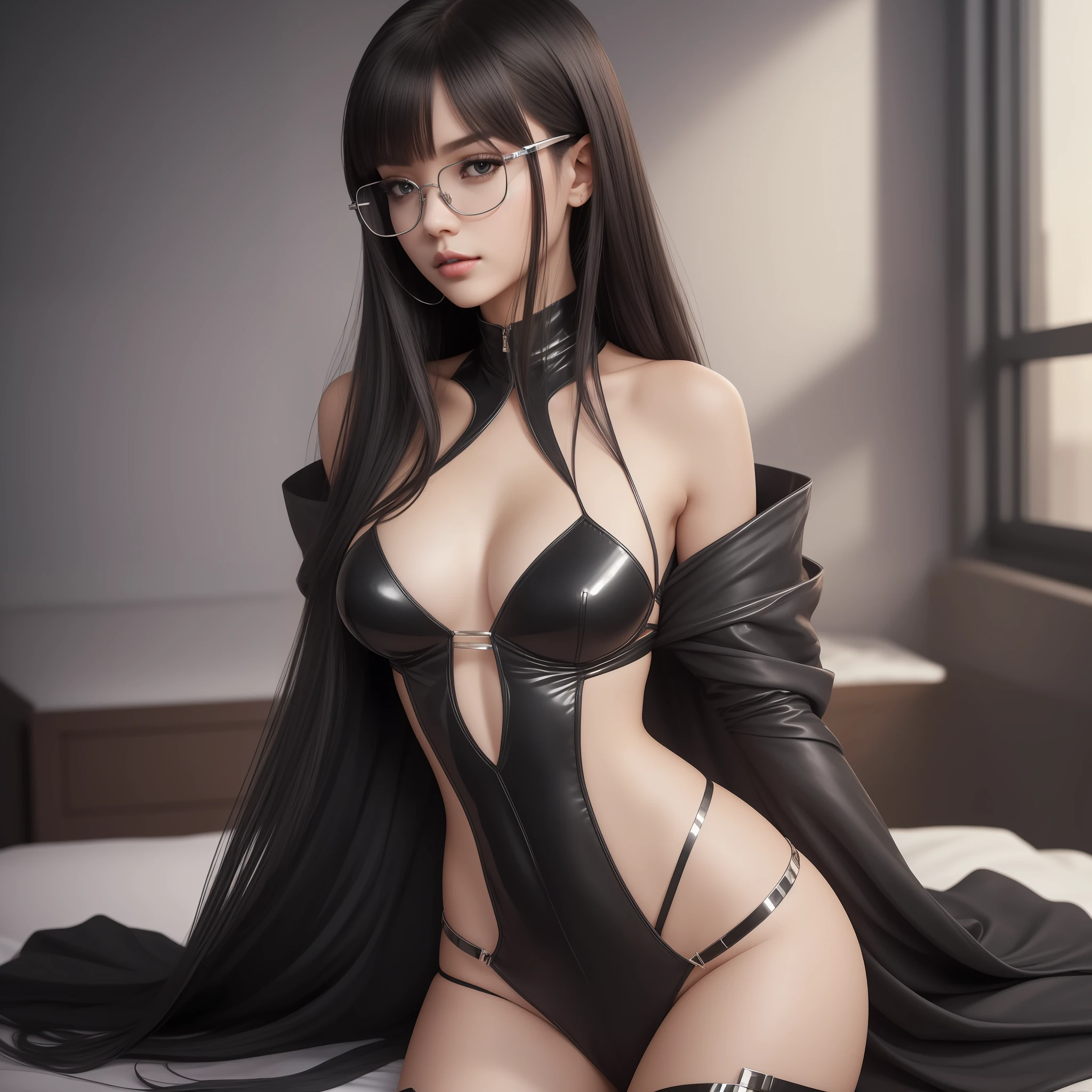 solo, high resolution, highest quality, super high quality, super detail, ultra realistic, photorealistic, super beautiful woman, sharp slit eyes, silver glasses, shoulder length straight black hair, alluring moist lips, mysterious, enchanting, great proportion, perfect proportion, slender, full body, bedroom