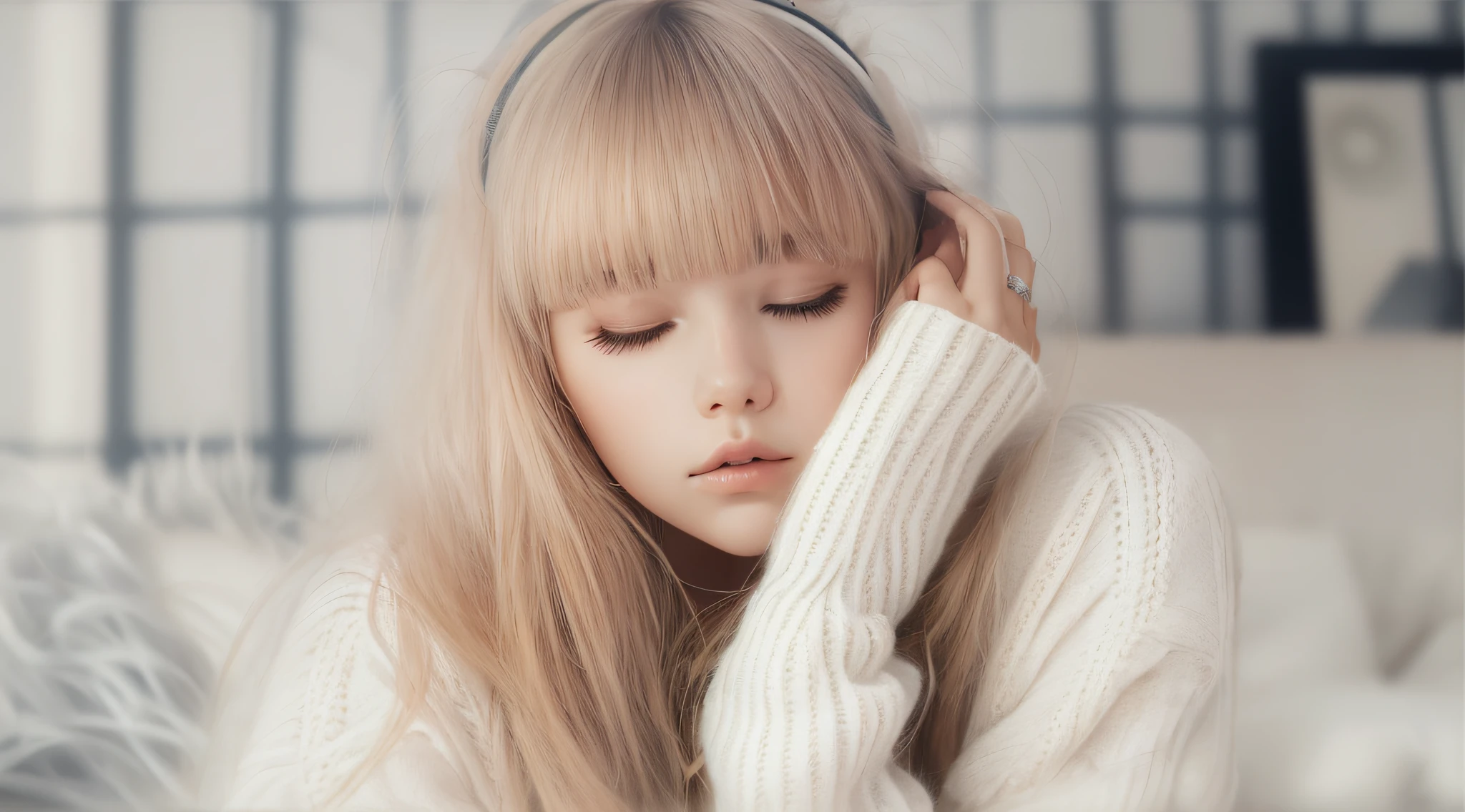 arafed girl with long hair wearing a white sweater and black ear muffs, sleepy, sleepy fashion model face, lalisa manobal, fluffy bangs, white bangs, beautiful cute, cute beautiful, with full bangs, sleeping, cute girl, cute young girl, nina masic, anastasia ovchinnikova, cold but beautiful, sleepy eyes