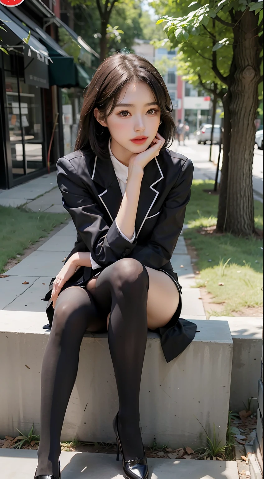 Best quality, full body portrait, delicate face, pretty face, 25 year old woman, slim figure, small bust, OL uniform, office clothes, black stockings, outdoor scene, sitting position