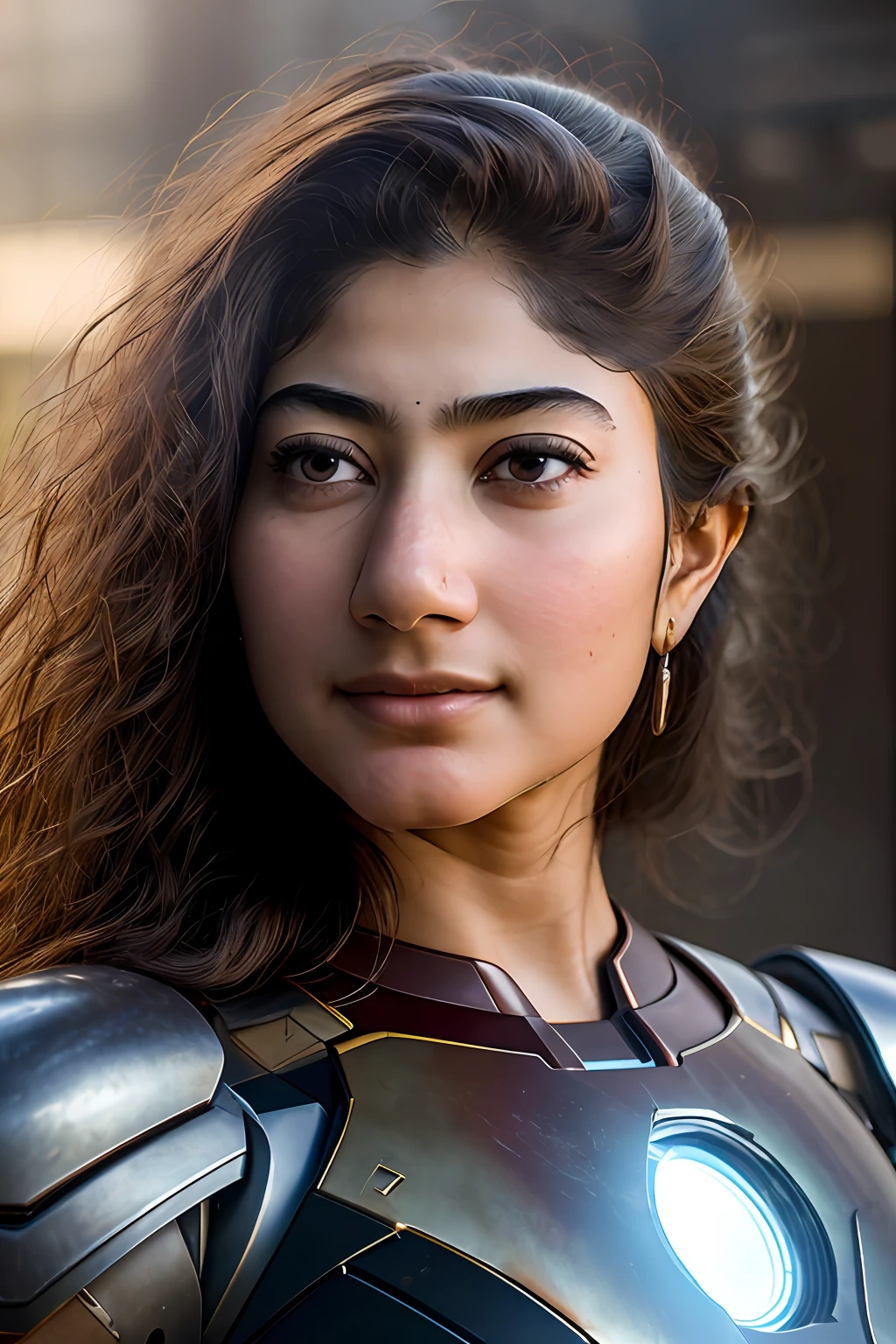 portrait photo, kryst3n, (sharp focus:1.2), attractive young woman Sai Pallavi(beautiful face:1.1), detailed eyes, luscious lips, (smokey eye makeup:0.85), she is wearing (iron man mark II armor)suit, in a (courtyard:1.1). (moody lighting:1.2), depth of field, bokeh, 4K, HDR.