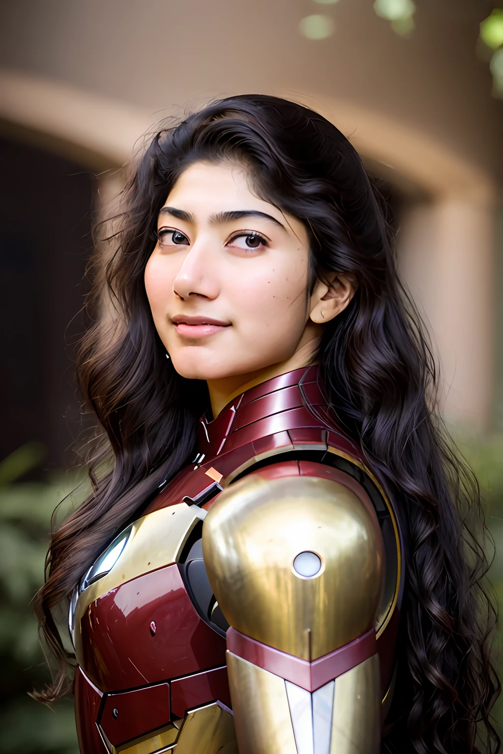 portrait photo, kryst3n, (sharp focus:1.2), attractive young woman Sai Pallavi(beautiful face:1.1), detailed eyes, luscious lips, (smokey eye makeup:0.85), she is wearing (iron man mark II armor)suit, in a (courtyard:1.1). (moody lighting:1.2), depth of field, bokeh, 4K, HDR.