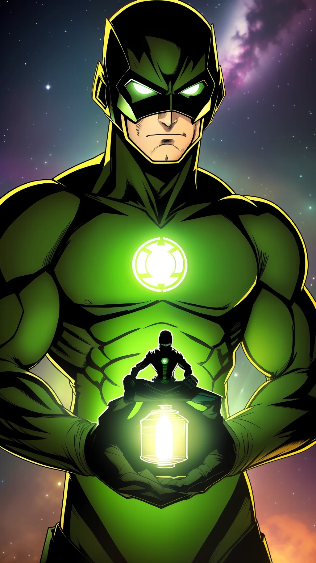 Lantern Green, the fearless cosmic hero of the Green Lantern Corps, stands tall in his emerald green and black uniform. The symbol of the Green Lantern Corps is emblazoned on his chest, representing the unity and dedication of the intergalactic protectors.

His power ring, a source of immense energy, glows with a brilliant green light, signifying the incredible abilities it grants him. With this ring, he can create objects and constructs limited only by his imagination, making him a formidable force in the universe.

Lantern Green's face reflects determination and unwavering resolve, as he stands ready to confront any threat that dares to challenge the safety and peace of the cosmos. His eyes, fierce and focused, reveal a warrior committed to upholding justice and defending the innocent.

Beside him stands a small alien companion, a unique creature from a distant corner of the universe. Despite its diminutive size, the alien exudes a sense of curiosity and wonder as it observes the powerful Lantern Green. The bond between the two is evident, showcasing a strong alliance forged through shared adventures and experiences.

In the backdrop of the image, the vastness of space stretches into infinity, with distant stars and nebulae painting a cosmic canvas of beauty and mystery. Lantern Green and his alien companion stand as a testament to the power of friendship and the unity of beings from across the universe in the face of adversity.