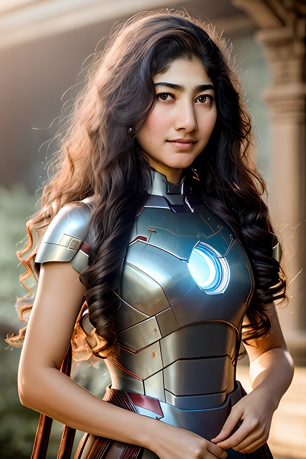 portrait photo, kryst3n, (sharp focus:1.2), attractive young woman Sai Pallavi(beautiful face:1.1), detailed eyes, luscious lips, (smokey eye makeup:0.85), she is wearing (iron man mark II armor)suit, in a (courtyard:1.1). (moody lighting:1.2), depth of field, bokeh, 4K, HDR.